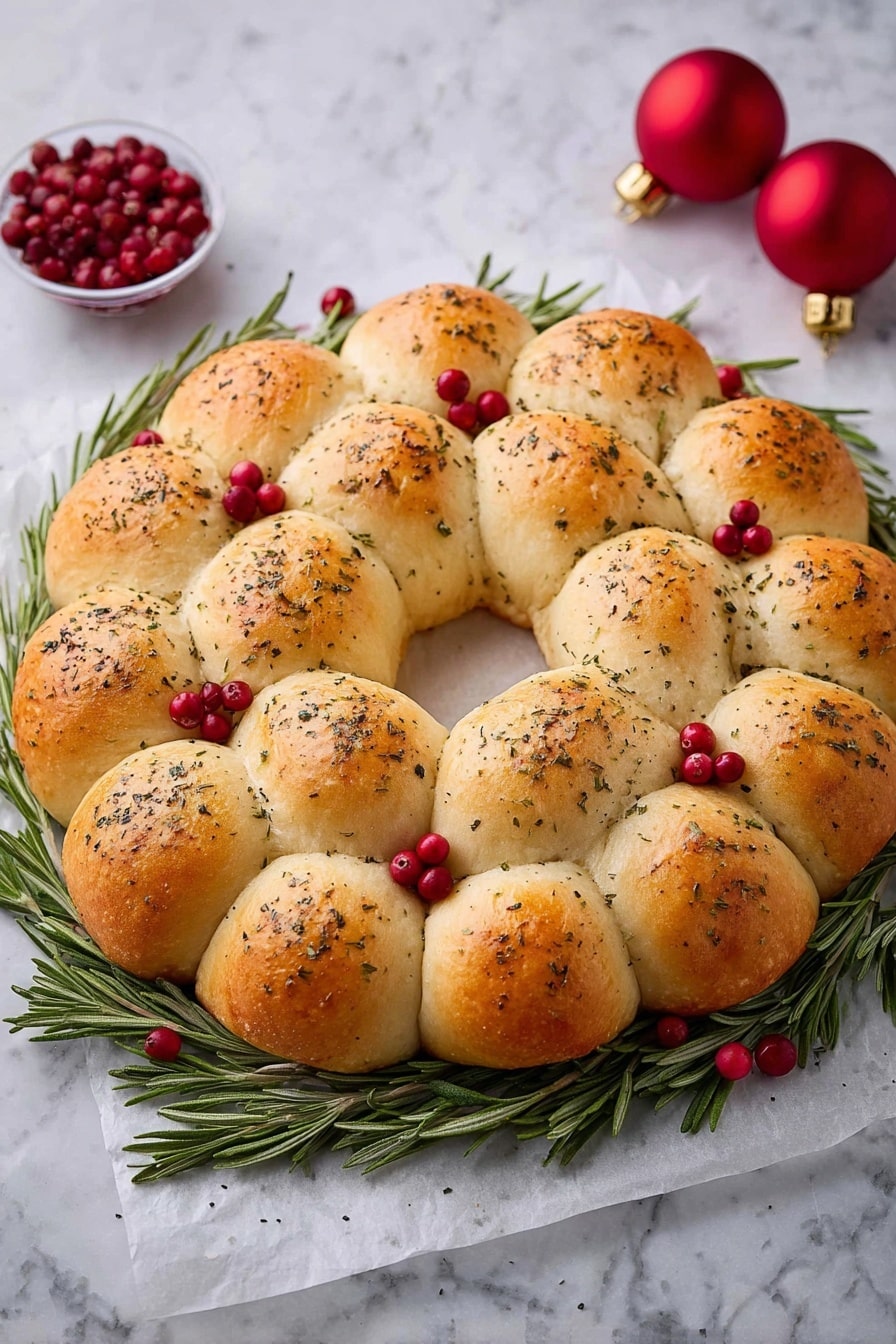 The image shows a close-up of eight soft dinner rolls that are light golden brown on top with a slightly shiny crust and small black herb specks sprinkled over them. The rolls are arranged closely together on a white marbled surface, with some fresh rosemary sprigs peeking out underneath them. Bright red cranberries are placed between some rolls, adding a pop of color. A woman's hand is gently picking up one roll from the group. A shiny red Christmas ornament is visible in the background. Photo taken with an iphone --ar 2:3 --v 7 - Mini Herb and Fruit Dinner Roll Wreath, herb and fruit dinner rolls, holiday dinner rolls, festive bread wreath, savory fruit bread ring