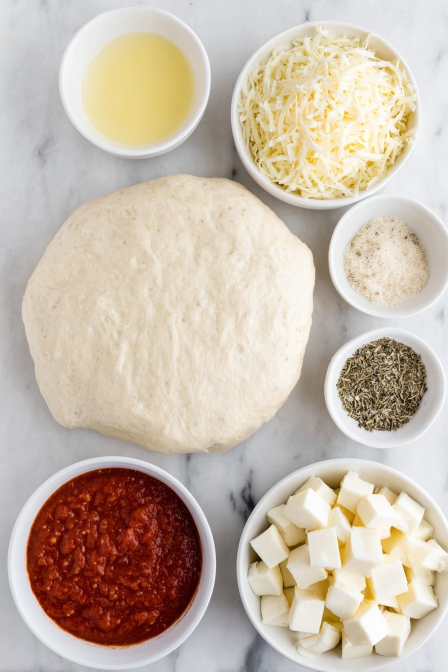 Flat lay of fresh pizza dough ball flattened into a smooth round, small cubes of creamy white mozzarella cheese, a small white ceramic bowl with melted golden butter, a small white ceramic bowl of finely grated pale yellow parmesan cheese, a small white ceramic bowl with light beige garlic powder, a small white ceramic bowl holding mixed dried Italian herbs in green and brown shades, and a small white ceramic bowl filled with rich red marinara sauce, all arranged in perfect symmetry and balanced proportions, placed on a clean white marble surface, soft natural light, photo taken with an iPhone, professional food photography style, fresh ingredients, white ceramic bowls, no bottles, no duplicates, no utensils, no packaging --ar 2:3 --v 7 --p m7354615311229779997 - Christmas Tree Cheese Bread, festive cheese bread, holiday pull-apart bread, cheesy Christmas appetizer, holiday bread recipe