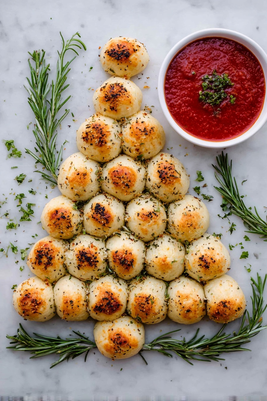 A close-up view of a cluster of small golden brown dough balls with herbs sprinkled on top, arranged tightly together on a white marbled surface. One dough ball is being pulled up by a woman's hand, stretching melted white cheese strands, revealing soft, creamy cheese and bits of green herbs inside. In the background, there is a round white bowl filled with red sauce, slightly blurred, adding a pop of color. The dough balls show a mix of crispy, toasted edges and soft, fluffy textures. The scene captures the warm, cheesy, and herby details clearly. photo taken with an iphone --ar 2:3 --v 7 - Christmas Tree Cheese Bread, festive cheese bread, holiday pull-apart bread, cheesy Christmas appetizer, holiday bread recipe