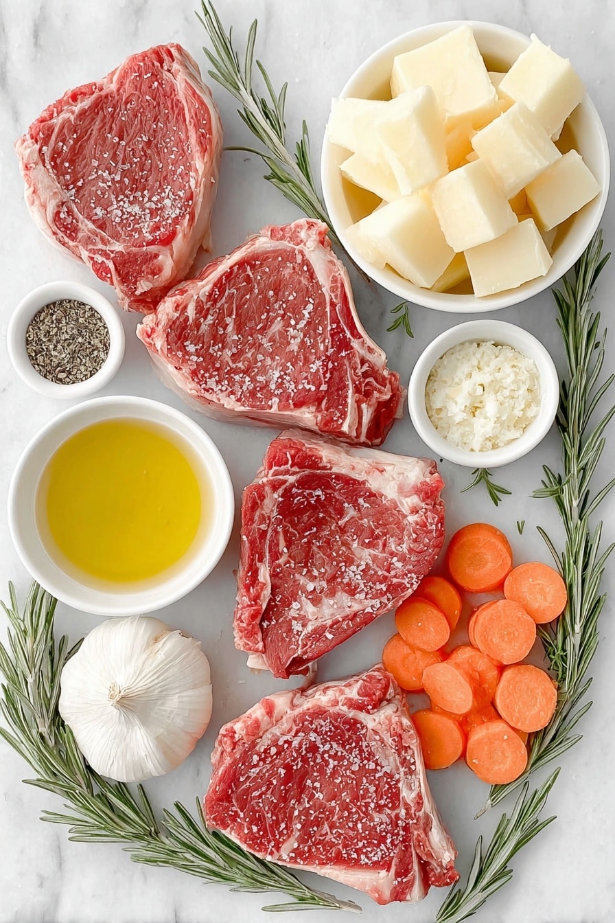 Flat lay of fresh raw lamb loin chops with a slight marbling, a small white bowl of golden olive oil, a small white bowl of coarse salt, a small white bowl of ground black pepper, a small white bowl of minced fresh garlic, a few sprigs of finely chopped fresh rosemary, a small white bowl of freshly squeezed lemon juice, a small white bowl of smooth Dijon mustard, peeled russet potatoes cut into 1-inch cubes, thinly sliced onion rounds, peeled carrot slices, sliced zucchini rounds, a whole head of garlic halved to reveal cloves, and four fresh rosemary sprigs arranged symmetrically, all placed on a clean white marble surface, soft natural light, photo taken with an iPhone, professional food photography style, fresh ingredients, white ceramic bowls, no bottles, no duplicates, no utensils, no packaging --ar 2:3 --v 7 --p m7354615311229779997 - Oven-Roasted Lamb Chops with Vegetables, Lamb Chops with Vegetables, Roasted Lamb Dinner, Easy Lamb Chops Recipe, Juicy Lamb Chops and Vegetables