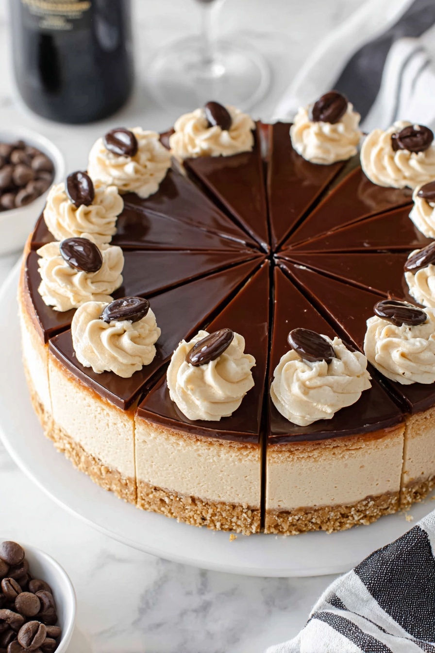 The image shows a slice of cheesecake being lifted, revealing three layers: a dark crumbly layer at the bottom, a thick and creamy pale beige middle layer, and a smooth, dark chocolate layer on top. Around the edge of the cheesecake, there are dollops of light brown whipped cream topped with glossy dark chocolate spheres. The cheesecake sits on a white plate with a white marbled surface in the background. A silver fork is visible near the plate, and a woman's hand is holding the slice. photo taken with an iphone --ar 2:3 --v 7 - Bailey’s White Chocolate Cheesecake, white chocolate cheesecake with Bailey’s, boozy white chocolate dessert, indulgent cheesecake recipes, holiday cheesecake ideas