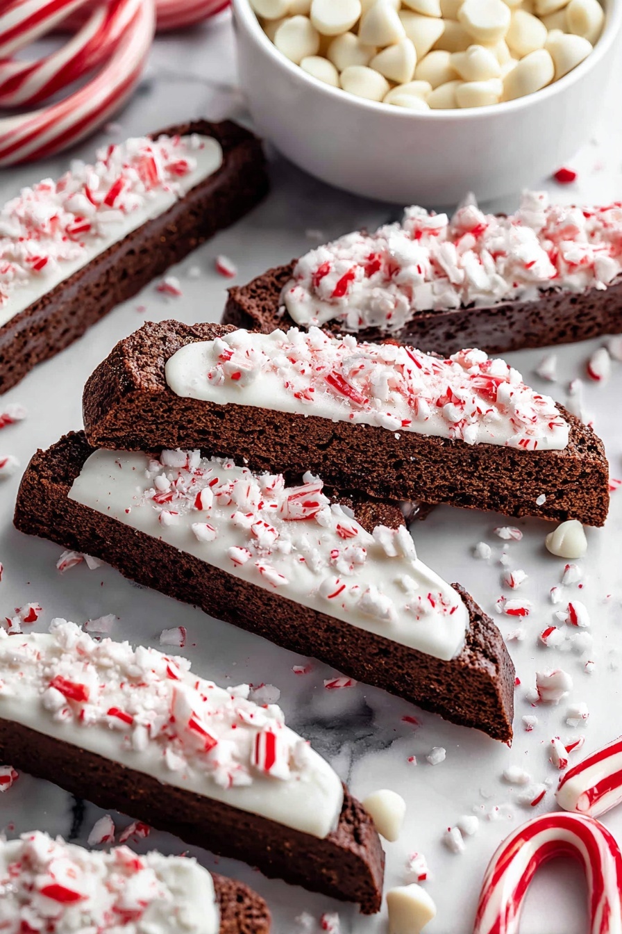 The image shows several dark brown biscotti with a rough texture on a white marbled surface, some whole and some broken. Each biscotti has a thick white creamy layer on top sprinkled with small red and white broken candy cane pieces. In the background, there is a white cup filled with black coffee and a white bowl filled with white mini marshmallows. A woman's hand is holding one of the biscotti, lifting it slightly above the surface. Red and white candy canes and pieces are scattered around the scene, adding a festive look. Photo taken with an iphone --ar 2:3 --v 7 - Chocolate Peppermint Biscotti, Holiday Biscotti Recipes, Chocolate Peppermint Cookies, Christmas Biscotti Ideas, Peppermint Chocolate Snack