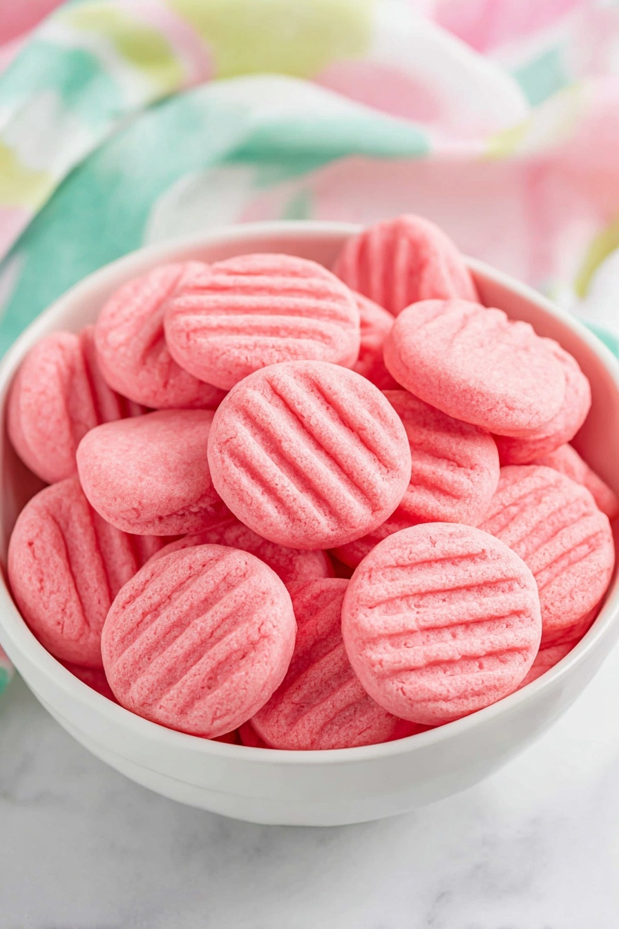 A white bowl filled with round, pink cookies that have a soft texture and subtle fork marks pressed down on top, creating small ridges. The cookies are smooth and slightly thick, stacked closely together inside the bowl. A few cookies sit outside the bowl on a white marbled surface. photo taken with an iphone --ar 2:3 --v 7 - Strawberry Mint Candies, Strawberry Mint Candies, homemade strawberry candies, mint flavored candies, easy fruit candies