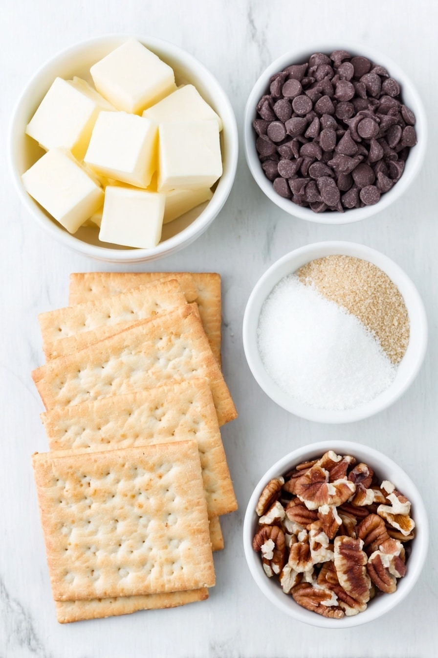 Flat lay of a neat single layer of rectangular saltine crackers, a small white ceramic bowl of golden unsalted butter cubes, a small white bowl filled with packed light brown sugar, a tiny white bowl holding clear vanilla extract, a small white bowl heaped with semi-sweet chocolate chips, and a small white bowl with roughly chopped pecans, all arranged with perfect symmetry and balanced proportions, placed on a clean white marble surface, soft natural light, photo taken with an iPhone, professional food photography style, fresh ingredients, white ceramic bowls, no bottles, no duplicates, no utensils, no packaging --ar 2:3 --v 7 --p m7354615311229779997 - Saltine Crackers Chocolate Toffee Bars, salty sweet toffee bars, easy no-bake dessert recipes, holiday treat ideas, crunchy chocolate snack
