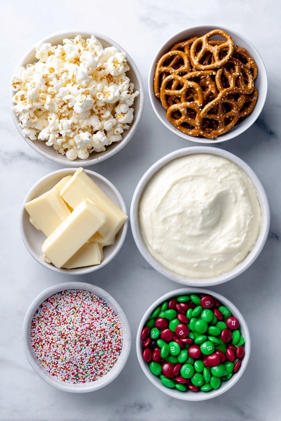 Flat lay of fresh popcorn kernels in a small white ceramic bowl, a small white bowl filled with smooth white vanilla candy melts, broken golden-brown pretzel pieces arranged neatly on the surface, a small white bowl holding vibrant green and red milk chocolate M&Ms, and a small white bowl with colorful Christmas sprinkles scattered around it, all placed on a clean white marble surface, soft natural light, photo taken with an iPhone, professional food photography style, fresh ingredients, white ceramic bowls, no bottles, no duplicates, no utensils, no packaging --ar 2:3 --v 7 --p m7354615311229779997 - White Chocolate Christmas Popcorn, festive holiday popcorn, sweet and salty holiday snacks, easy holiday popcorn ideas, Christmas party treats