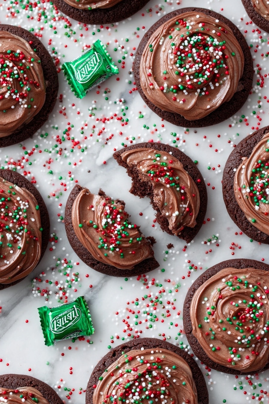 The image shows multiple round chocolate cookies on a white marbled surface. Each cookie has one layer of dark brown chocolate base with a smooth, swirled layer of lighter milk chocolate frosting on top. The frosting is decorated with small red, white, and green round sprinkles scattered evenly. One cookie is broken into two pieces, revealing a dense and soft inside. Small pieces of dark chocolate with green wrappers are placed around the cookies, adding contrast to the scene. The white marbled background is sprinkled lightly with the same red, white, and green round sprinkles, creating a festive look. Photo taken with an iphone --ar 2:3 --v 7 - Andes Mint Cookies, Mint Chocolate Cookies, Easy Mint Cookies, Holiday Cookie Recipes, Chocolate Mint Desserts