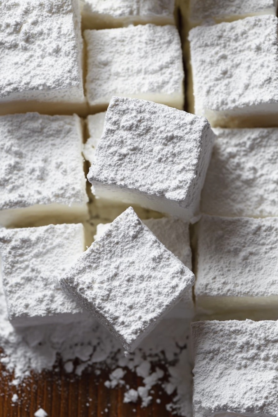 The image shows many square pieces of marshmallows arranged closely on a wooden surface. Each marshmallow is covered with a thick layer of white powdered sugar, giving them a soft, powdery texture. The marshmallows are evenly cut into small, uniform cubes with smooth edges, and they have a fluffy, slightly spongy appearance. Some powdered sugar is scattered around the marshmallows, adding to the light, snowy look of the scene. photo taken with an iphone --ar 2:3 --v 7 - Homemade Fluffy Marshmallows, fluffy marshmallow recipe, easy marshmallow recipe, homemade marshmallows, marshmallow tutorial