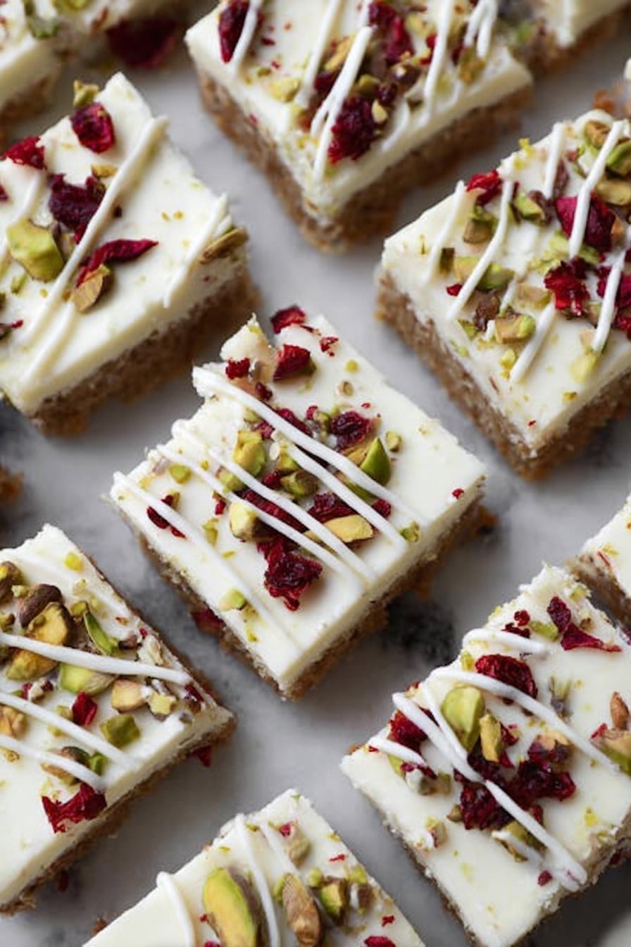 The image shows square dessert bars with two layers. The bottom layer is thick and crumbly, light brown in color, with visible pieces of green pistachios and red dried cranberries embedded throughout. The top layer is a smooth, creamy white frosting that covers the entire surface evenly. On top of the frosting, there are scattered nut pieces and dried cranberries placed irregularly, adding contrast and texture. The bars sit on white parchment paper on a dark tray, with a few nuts and crumbs scattered around. The background has a soft focus with more bars visible. photo taken with an iphone --ar 2:3 --v 7 - Cranberry Pistachio Bliss Bars, Cranberry Pistachio Bars, holiday dessert bars, festive nut and berry bars, easy fruit and nut bars