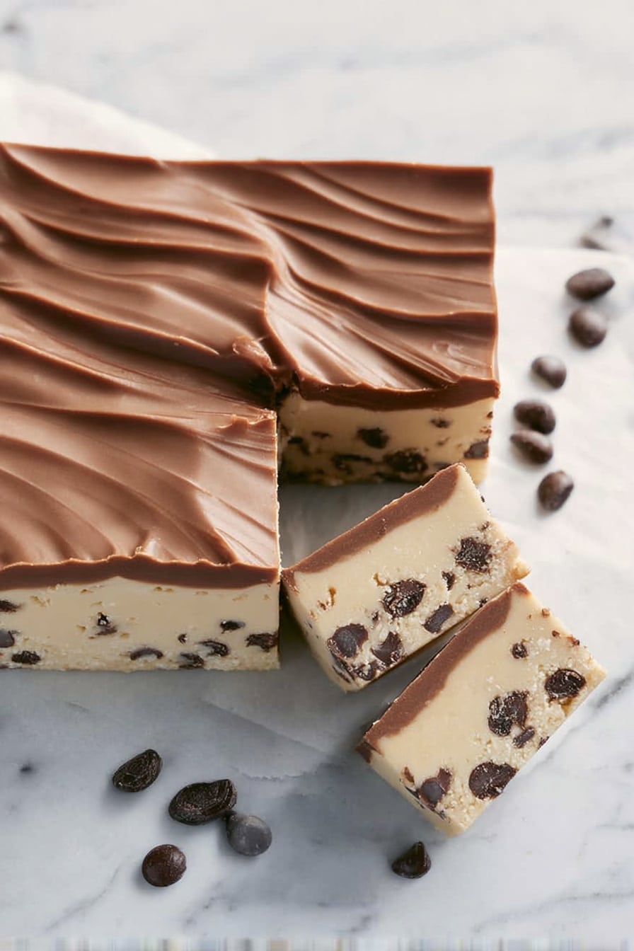 A square dessert bar is shown with two layers: the bottom layer is light cream color with small dark chocolate chips scattered throughout, and the top layer is a smooth milk chocolate layer with gentle wave patterns, covering the entire bar. Three small square pieces are cut from the right side and placed leaning against the larger bar, showing the two layers clearly. A few loose dark chocolate chips are scattered nearby on a white marbled surface. photo taken with an iphone --ar 2:3 --v 7 - Chocolate Chip Cookie Dough Bars, no-bake cookie dough bars, egg-free cookie dough treats, easy cookie dough dessert, chocolate peanut butter bars
