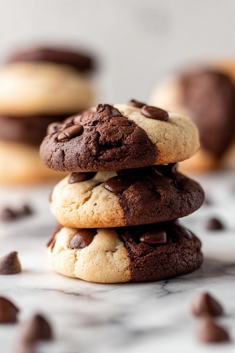 The image shows several round, two-tone cookies cooling on a black wire rack placed on a white marbled surface. Each cookie is divided unevenly into two halves, one half light beige with a smooth texture and the other half dark brown with a slightly rougher texture, both embedded with shiny dark chocolate chips scattered on top. The cookies have a soft but firm appearance, giving a fresh, baked look. The background is out of focus, highlighting the cookies in the center. Photo taken with an iphone --ar 2:3 --v 7 - Brookies Cookies with Chocolate Chips, chocolate chip brownie cookies, easy brookie recipe, chewy brownie cookie combo, homemade brookies