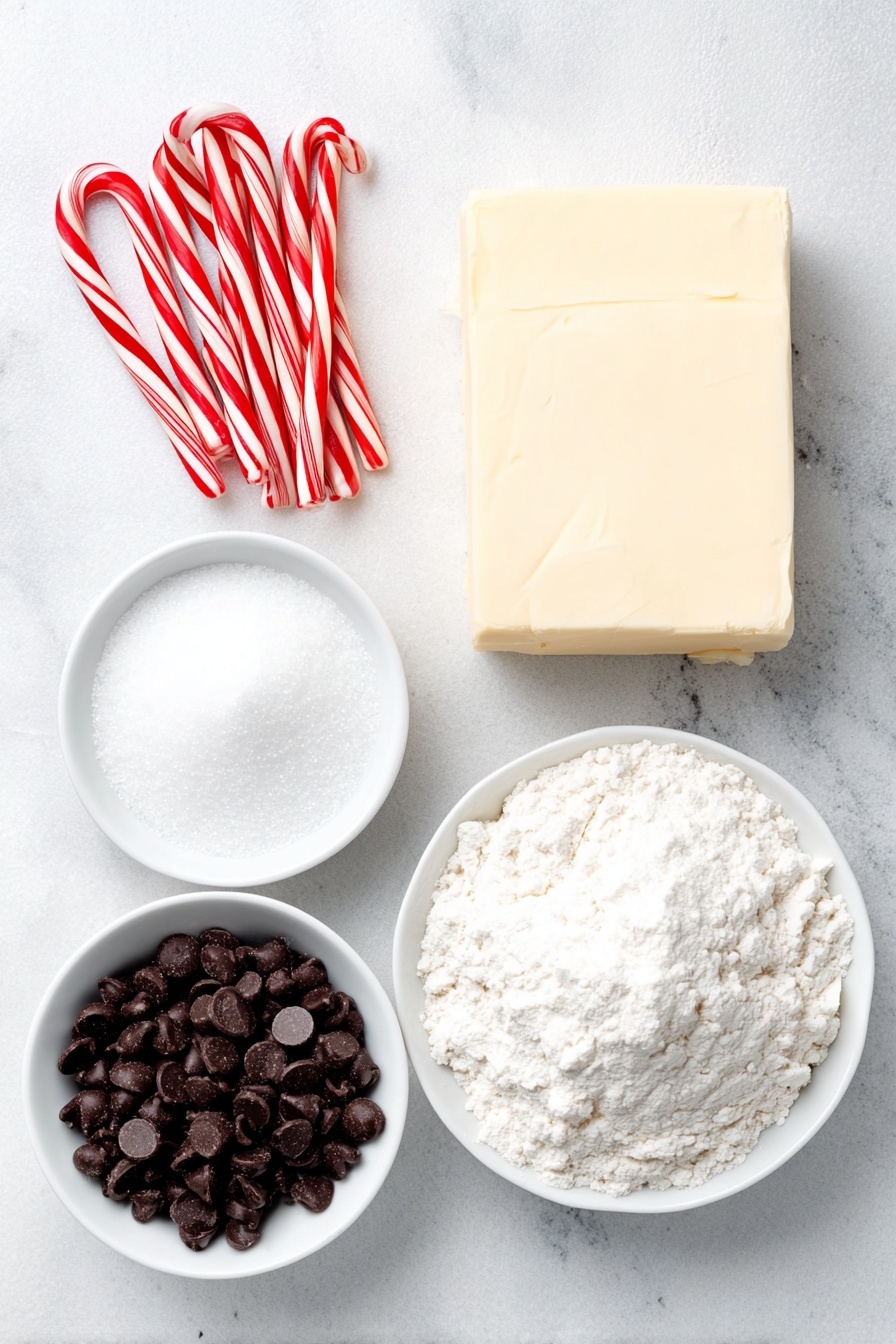Flat lay of a large square of softened unsalted butter with a smooth texture, a small white ceramic bowl filled with granulated sugar, a small white ceramic bowl containing fine salt crystals, a mound of all-purpose flour loosely piled, a small white ceramic bowl holding glossy semi-sweet chocolate chips, and three whole peppermint candy canes with red and white stripes, all arranged with perfect symmetry on a clean white marble surface, soft natural light, photo taken with an iPhone, professional food photography style, fresh ingredients, white ceramic bowls, no bottles, no duplicates, no utensils, no packaging --ar 2:3 --v 7 --p m7354615311229779997 - Chocolate Peppermint Shortbread Cookies, holiday shortbread cookies, festive peppermint cookies, chocolate peppermint treats, easy holiday cookies