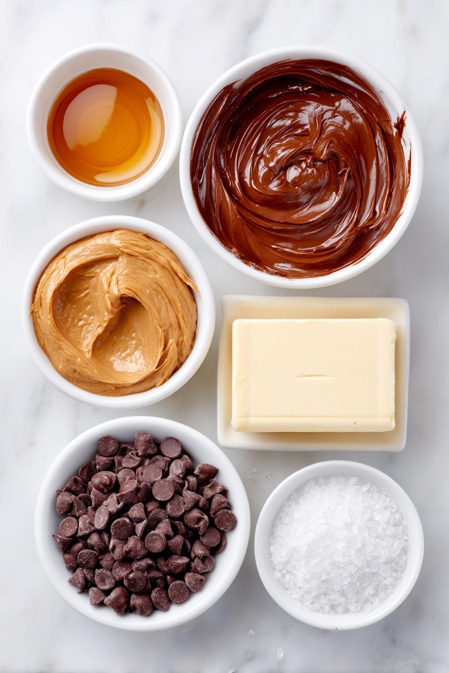 Flat lay of a small white ceramic bowl of glossy, creamy Nutella spread, a small white ceramic bowl of smooth, light tan creamy peanut butter, a stick of unsalted butter with a pale yellow color and lightly softened texture, a small white ceramic bowl of clear vanilla extract, a small white ceramic bowl filled with fine, white powdered sugar, a small white ceramic bowl containing dark brown unsweetened cocoa powder, a block of smooth, glossy chocolate almond bark with sharp edges, a small white ceramic bowl filled with shiny, dark chocolate chips, and a small white ceramic bowl holding delicate, flaky sea salt crystals, all arranged in perfect symmetry on a clean white marble surface, soft natural light, photo taken with an iPhone, professional food photography style, fresh ingredients, white ceramic bowls, no bottles, no duplicates, no utensils, no packaging --ar 2:3 --v 7 --p m7354615311229779997 - Nutella Buckeye Balls with Chocolate Dipping, Peanut Butter Nutella Bites, Easy Nutella Dessert, Chocolate Dipped Buckeyes, No-Bake Nutella Treats