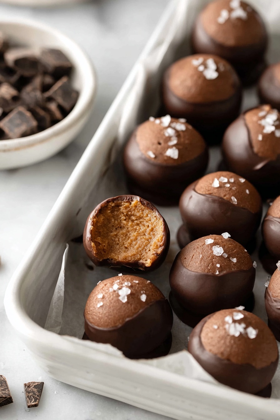 The image shows a white tray filled with round truffles. Each truffle has a smooth dark brown chocolate shell topped with coarse sea salt. One truffle in the front is cut in half, revealing a creamy light brown filling inside. The white tray is lined with white parchment paper and placed on a white marbled surface. photo taken with an iphone --ar 2:3 --v 7 - Nutella Buckeye Balls with Chocolate Dipping, Peanut Butter Nutella Bites, Easy Nutella Dessert, Chocolate Dipped Buckeyes, No-Bake Nutella Treats