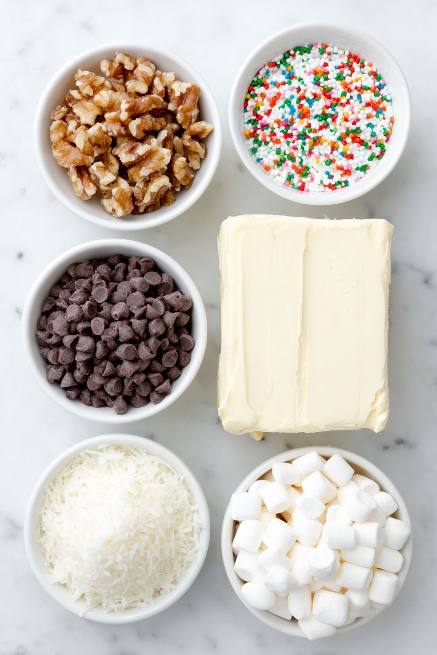 Flat lay of a small slab of unsalted butter, a neat pile of semi-sweet chocolate chips, a small white ceramic bowl filled with finely diced walnuts, a small white bowl heaped with sweetened shredded coconut, and a mound of colorful mini marshmallows, all arranged symmetrically on a clean white marble surface, soft natural light, photo taken with an iPhone, professional food photography style, fresh ingredients, white ceramic bowls, no bottles, no duplicates, no utensils, no packaging --ar 2:3 --v 7 --p m7354615311229779997 - Church Window Cookies, colorful no-bake cookies, holiday dessert recipes, marshmallow and chocolate treats, easy party cookies