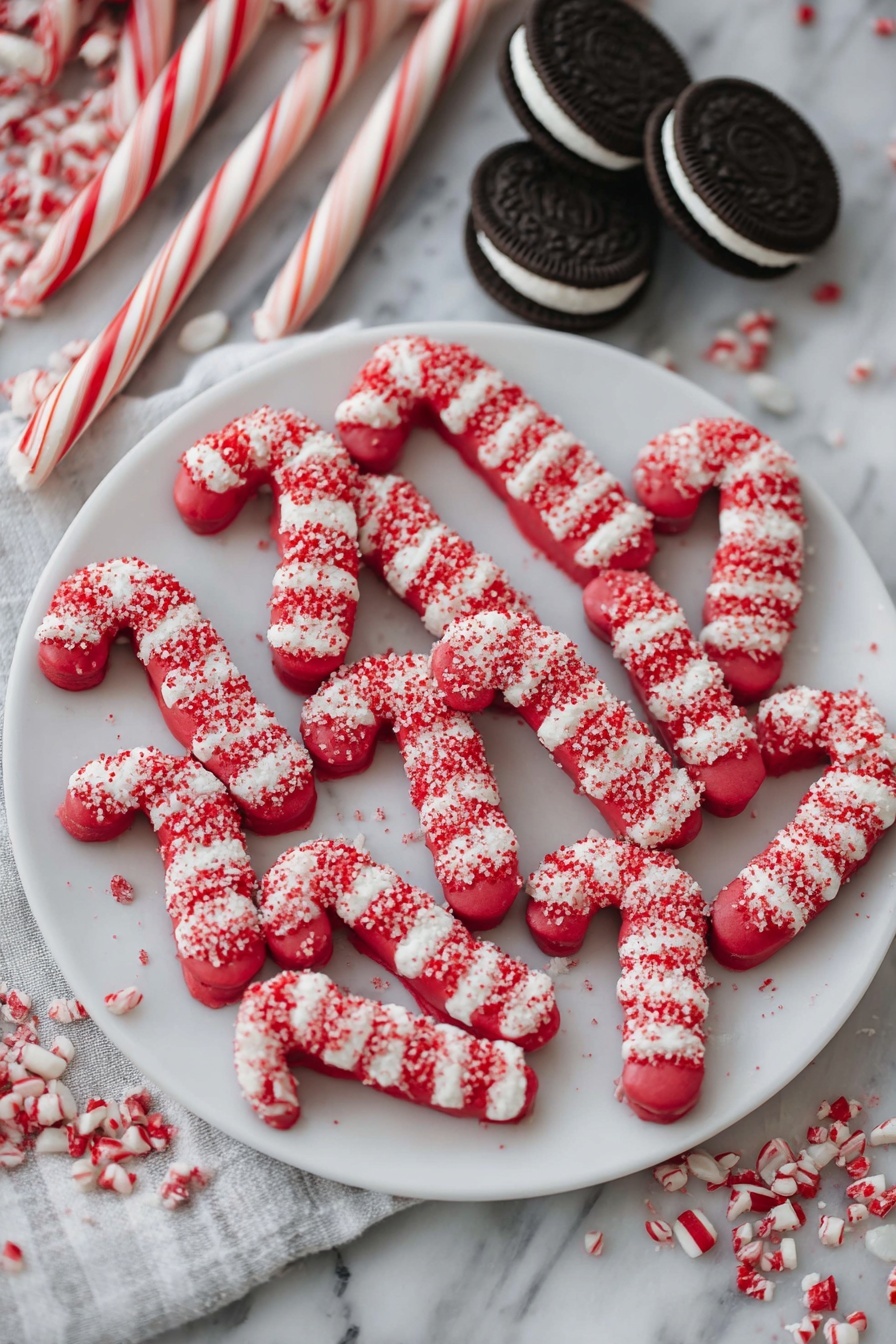 A white plate holds many small candy cane-shaped treats, each with a smooth red base layer covered by three thick, textured white stripes that look like sugar or frosting, arranged in neat rows. Scattered around the plate are crushed candy cane pieces in red and white. In the background, two dark chocolate sandwich cookies with white cream are placed close together, and several whole candy canes with red and white stripes lie nearby. The entire scene is set on a white marbled surface with a cloth edge partially visible. photo taken with an iphone --ar 2:3 --v 7 - Candy Cane Oreo Balls, Christmas Oreo balls, holiday sweet treats, easy holiday desserts, festive candy cane desserts