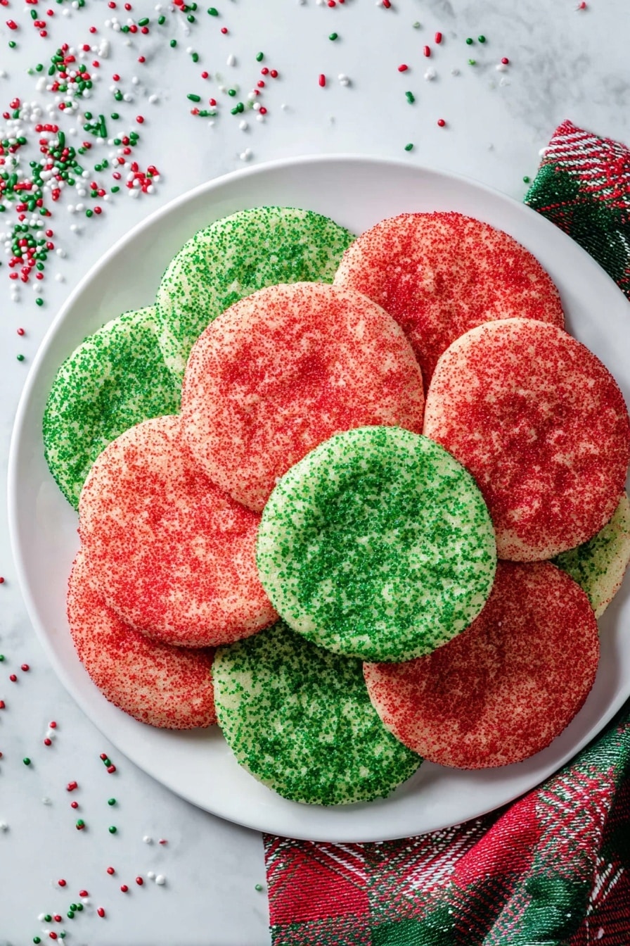 A white plate filled with round sugar cookies, each covered in colorful sugar sprinkles. The cookies are arranged in layers, alternating between red sugar-coated cookies and green sugar-coated cookies. The sprinkles on the red cookies give a bright, sparkling red texture, while the green cookies have a dense, sparkling green coating. The plate rests on a white marbled surface with scattered red, green, and white sprinkles around it, and a red, green, and white checkered cloth partly visible under the plate. photo taken with an iphone --ar 2:3 --v 7 - Christmas Sugar Cookies, Christmas cookies recipe, holiday sugar cookies, festive Christmas cookies, soft sugar cookies for Christmas