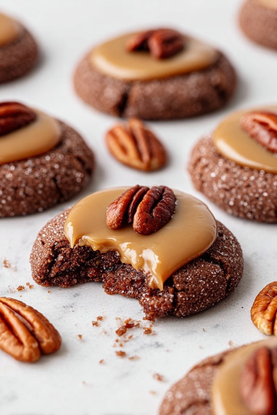 The image shows many round dark brown cookies spread on a white marbled surface. Each cookie has three layers: a textured dark brown base, a smooth caramel swirl layer on top, and a single glossy pecan piece placed in the center of the caramel. The cookies are evenly spaced, showing the contrast between the deep color of the cookie, the shiny caramel, and the light brown nut, with extra pecan pieces scattered around. photo taken with an iphone --ar 2:3 --v 7 - Chocolate Caramel Turtle Cookies, chocolate caramel pecan cookies, gooey caramel cookie recipes, easy turtle cookie recipe, decadent chocolate caramel treats