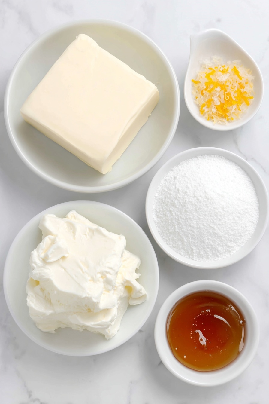 Flat lay of a small pat of smooth softened butter, a neat square of fresh cream cheese, a tiny pile of finely grated orange zest, a small white ceramic bowl filled with bright white sifted confectioners’ sugar, a small white bowl holding a few drops of vibrant orange gel coloring, and a small white bowl containing translucent orange extract, all arranged in perfect symmetry on a clean white marble surface, soft natural light, photo taken with an iPhone, professional food photography style, fresh ingredients, white ceramic bowls, no bottles, no duplicates, no utensils, no packaging --ar 2:3 --v 7 --p m7354615311229779997 - Orange Cream Cheese Mints, orange cream cheese candies, citrus cream cheese mints, holiday orange mints, creamy citrus candy
