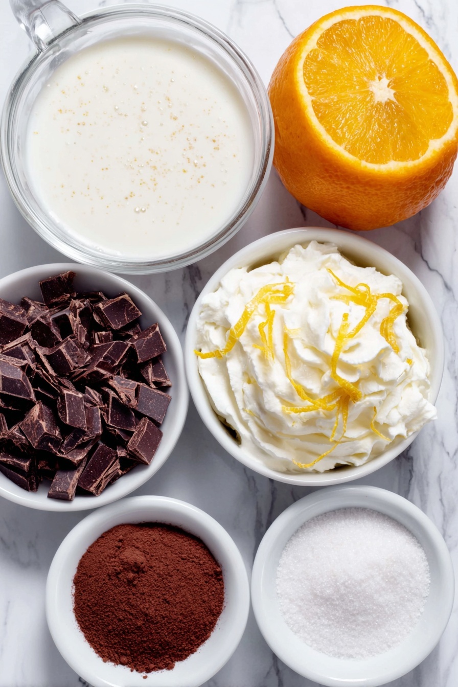 Flat lay of a whole bright orange with a glossy peel, a small white ceramic bowl filled with whole milk, a small white ceramic bowl of chopped dark chocolate chunks, a small white ceramic bowl with warm brown cinnamon powder, a small white ceramic bowl with fine white caster sugar, a small white ceramic bowl of rich dark cocoa powder, fresh orange slices arranged neatly, a small white ceramic bowl of soft whipped cream, and delicate orange zest strips placed thoughtfully, all symmetrically arranged on a clean white marble surface, soft natural light, photo taken with an iPhone, professional food photography style, fresh ingredients, white ceramic bowls, no bottles, no duplicates, no utensils, no packaging --ar 2:3 --v 7 --p m7354615311229779997 - Orange Hot Chocolate, citrus hot chocolate, orange chocolate drink, cozy winter beverages, easy hot chocolate recipes