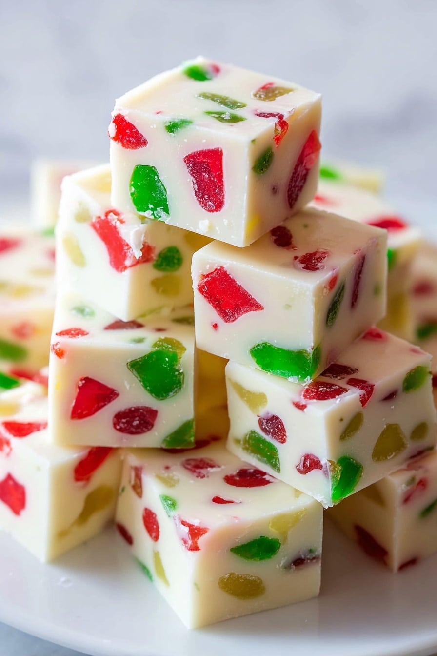 The image shows a stack of white fudge squares on a white plate, each square containing bright red and green jelly-like pieces evenly spread inside. The fudge looks smooth and creamy with colorful chunks embedded throughout every piece. The squares are neatly piled on top of each other, showing the contrast between the white fudge and the vibrant jelly bits. The background has a white marbled texture. Photo taken with an iphone --ar 2:3 --v 7 - Gumdrop White Chocolate Fudge, colorful fudge recipes, easy holiday fudge, no-bake festive treats, white chocolate candy fudge