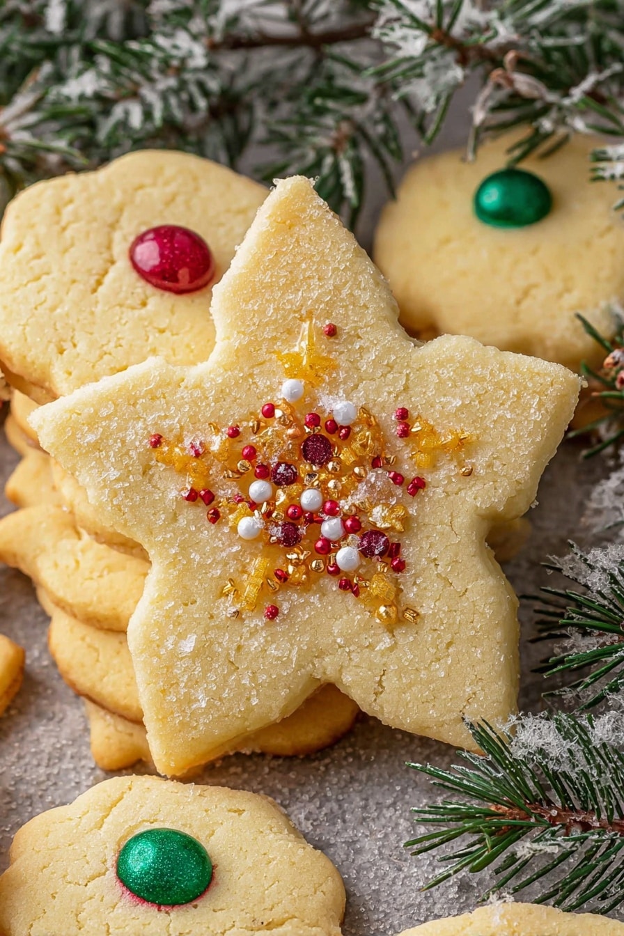 The image shows a group of pale yellow cookies with different shapes, including a star-shaped cookie in the middle. The star cookie has colorful small sugar decorations in the center, with gold, copper, and white sprinkles that look shiny and rough. Around the star cookie, there are round cookies with red and green round sugar balls on top. The cookies have a soft, slightly crumbly texture and are placed on a background of pine branches with some frost on them, giving a winter or holiday feel. photo taken with an iphone --ar 2:3 --v 7 - Christmas Shortbread Cookies, festive holiday cookies, buttery shortbread recipe, easy Christmas cookie recipe, holiday baking ideas