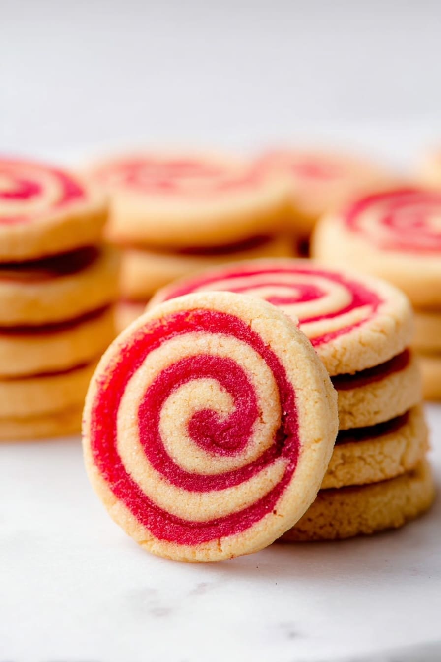 The image shows a close-up of a round cookie placed on a textured white cloth with a white marbled texture in the background. The cookie has two visible layers: the base is a light golden color with a soft, crumbly texture, while the top features a spiral pattern in bright red that contrasts with the light base. There are a few more similar cookies slightly blurred in the background, giving a soft repetition effect. The lighting is bright and natural, highlighting the texture of the cookie and the cloth beneath it. photo taken with an iphone --ar 2:3 --v 7 - Peppermint Pinwheel Cookies, Christmas cookies, holiday cookie recipes, festive peppermint cookies, easy cookie recipes