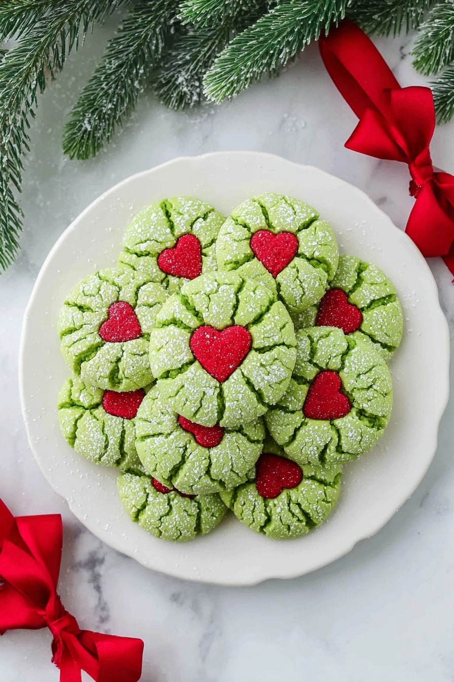 The image shows a dark baking tray lined with brown parchment paper on a white marbled surface, holding 14 green round cookies lightly cracked with a dusting of white powdered sugar. Each cookie has a small red heart-shaped candy pressed in the center. Three more red heart-shaped candies lie loose on the marbled surface near the bottom right of the tray. The cookies have a soft, slightly crumbly texture and are evenly spaced on the tray. Photo taken with an iphone --ar 2:3 --v 7 - Grinch Heart Cake Mix Cookies, festive green cookies, easy holiday cookie recipe, adorable Christmas treats, soft cake mix cookies