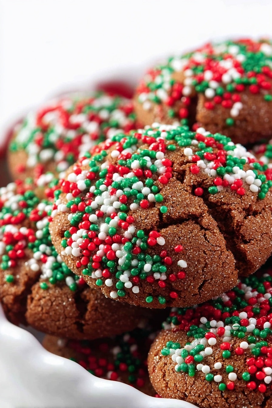 The image shows a close-up of round brown cookies covered with red, white, and green sprinkles. The cookies have a rough and cracked texture, and they are placed inside a shiny white bowl with a curved edge. The bowl is set on a white marbled surface with a red cloth featuring white polka dots partly visible underneath. The red, white, and green colors of the sprinkles contrast brightly against the dark brown cookies. photo taken with an iphone --ar 2:3 --v 7 - Soft Gingerbread Cookies with Christmas Sprinkles, festive gingerbread cookies, holiday gingerbread treats, soft gingerbread cookies recipe, Christmas cookie ideas