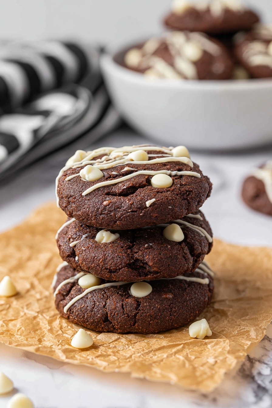 The image shows round, dark brown chocolate cookies with a soft, slightly rough texture, placed on crinkled brown parchment paper over a white marbled surface. Each cookie is decorated with white and dark chocolate pieces on top, and white chocolate drizzle creating thin, wavy lines across the surface. One cookie is broken in half, showing a moist, dense inner layer that is darker than the outside. Scattered around are several white chocolate chips matching the toppings. In the background, more cookies sit in a white bowl and lie on the white marbled surface. photo taken with an iphone --ar 2:3 --v 7 - Mint Chocolate Brownie Cookies, chocolate mint cookies, fudgy brownie cookies, peppermint chocolate cookies, chewy mint cookies