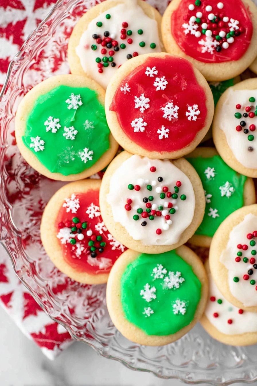 The image shows a glass plate filled with small round sugar cookies, each topped with smooth icing in three colors: white, green, and red. The white icing cookies have small red, green, and white round sprinkles scattered on top. The green icing cookies are decorated with tiny red, white, and black ball sprinkles spread evenly. The red icing cookies are covered with white snowflake-shaped sprinkles. All the cookies have a soft, slightly golden base, and the plate rests on a white marbled surface that contrasts with the festive colors. photo taken with an iphone --ar 2:3 --v 7 - Frosted Christmas Cookies, Christmas Cookies Recipe, holiday cookies with frosting, soft buttery Christmas cookies, festive decorated cookies