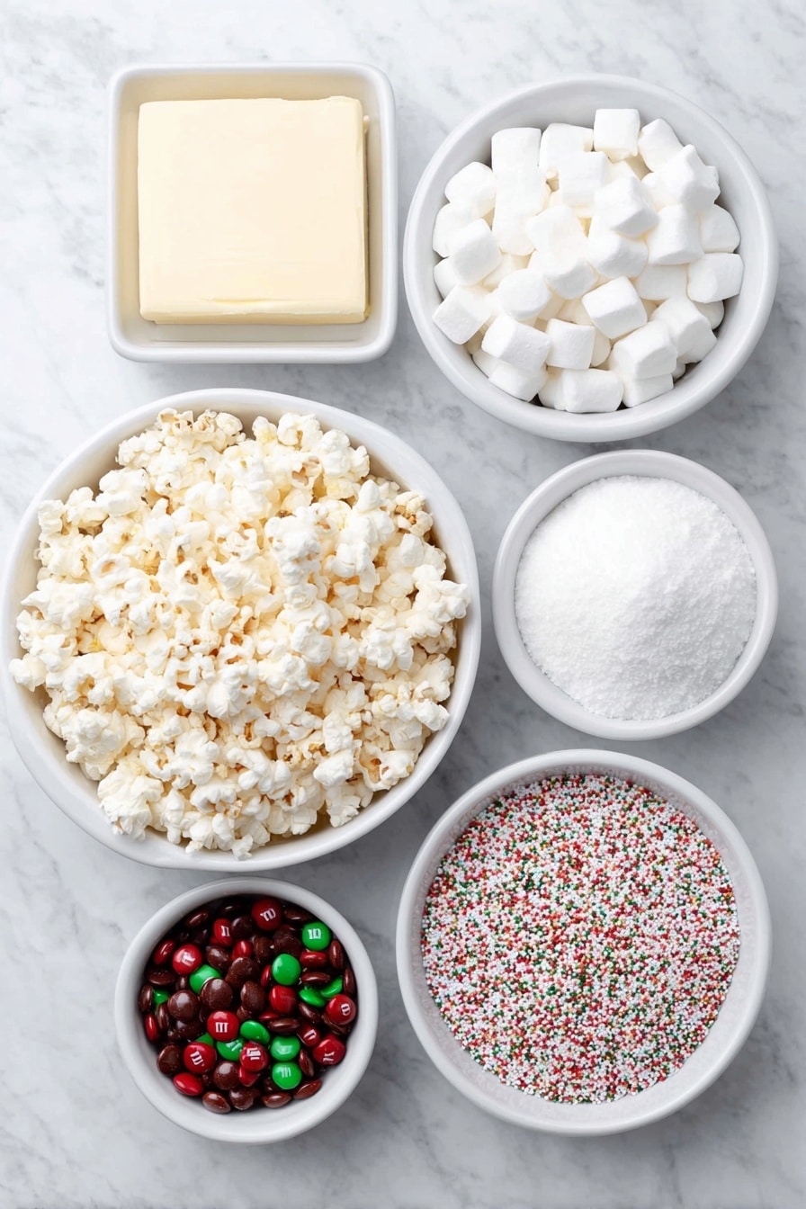 Flat lay of fresh unpopped popcorn kernels spilled gently next to a square of unsalted butter, a small white bowl filled with miniature white marshmallows, a simple white bowl holding red and green M&M candies, and another white bowl containing colorful festive sprinkles, all arranged symmetrically and balanced, placed on a clean white marble surface, soft natural light, photo taken with an iPhone, professional food photography style, fresh ingredients, white ceramic bowls, no bottles, no duplicates, no utensils, no packaging --ar 2:3 --v 7 --p m7354615311229779997 - Festive Christmas Popcorn Balls, Christmas popcorn snack, holiday treat ideas, easy holiday party snacks, festive popcorn dessert