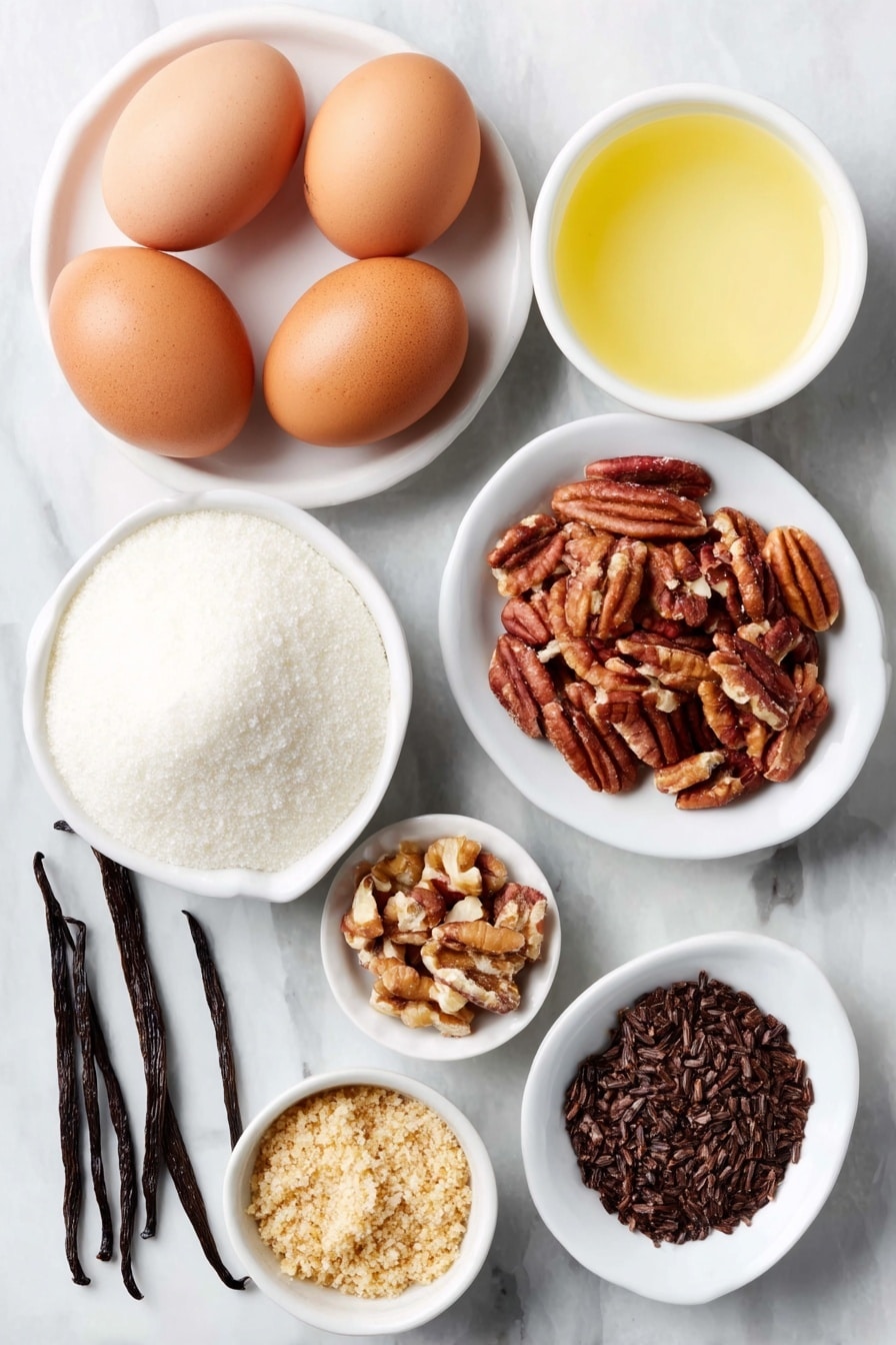 Flat lay of two whole uncracked brown eggs with clean shells, a small mound of granulated sugar on a white ceramic plate, a small white bowl filled with clear light corn syrup, a small white bowl of water, a few whole vanilla beans arranged neatly, a small white bowl of finely chopped pecans, and a few toasted pecan halves arranged next to the bowl on a simple white ceramic dish, all placed symmetrically on a clean white marble surface, soft natural light, photo taken with an iPhone, professional food photography style, fresh ingredients, white ceramic bowls, no bottles, no duplicates, no utensils, no packaging --ar 2:3 --v 7 --p m7354615311229779997 - Divinity Pecan Cookies, pecan cookie recipe, chewy pecan cookies, holiday cookie recipes, homemade pecan treats