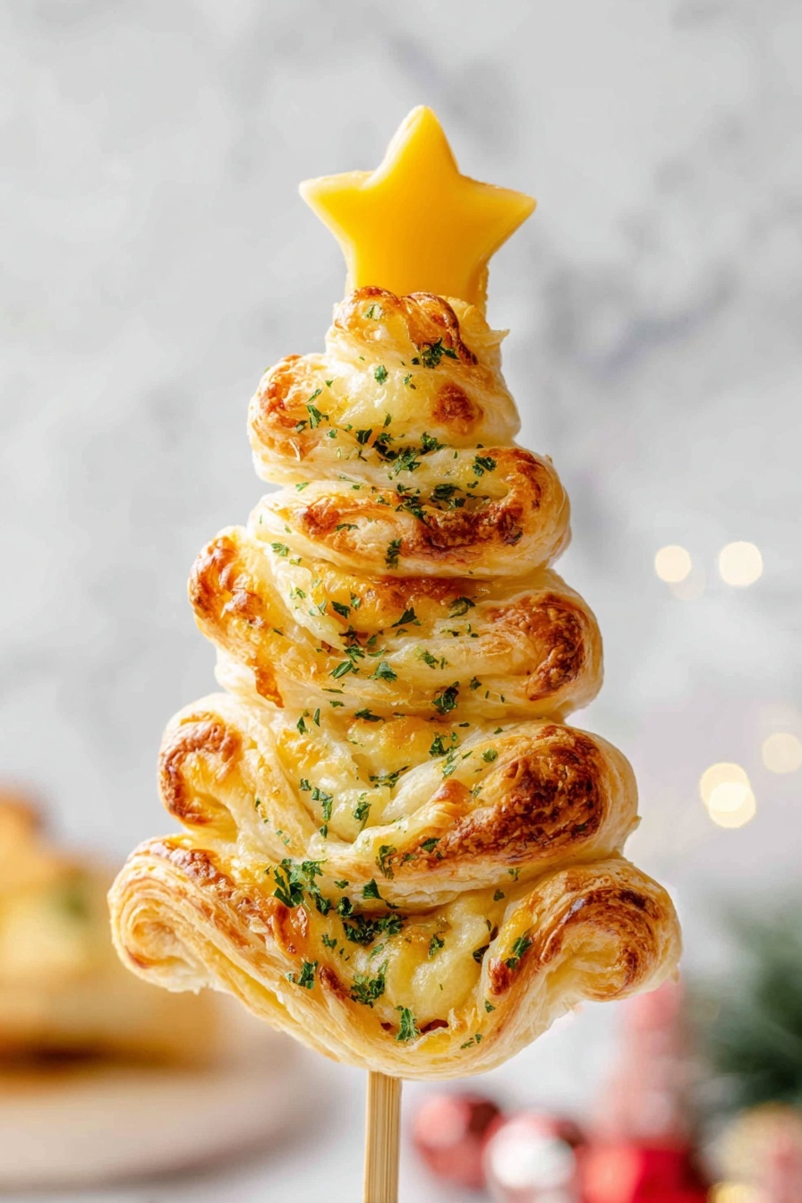 The image shows a Christmas tree shaped puff pastry on a skewer. It has three visible layers, each puffed and golden brown with a slightly crispy texture on the outside. The layers are swirled and sprinkled with small green herb bits, giving a fresh look. The tree is topped with a bright yellow star-shaped piece, likely made of cheese or fruit. The background is softly blurred with a white marbled texture and hints of festive decorations. The pastry looks fluffy and freshly baked photo taken with an iphone --ar 2:3 --v 7 - Christmas Puff Pastry Trees, Christmas Puff Pastry Appetizers, Holiday Puff Pastry Recipes, Easy Christmas Party Snacks, Festive Puff Pastry Bites