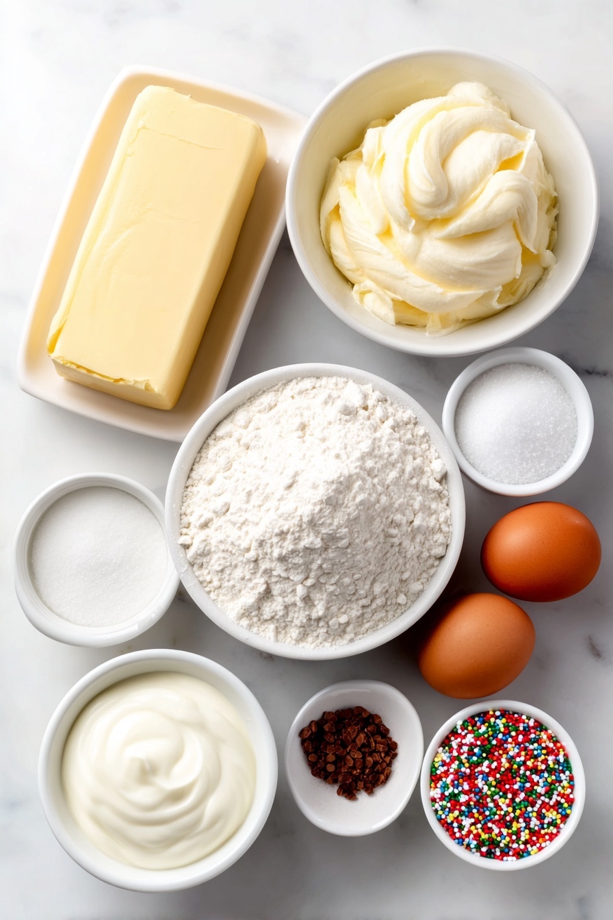 Flat lay of a stick of unsalted butter, a small white ceramic bowl filled with creamy shortening, a small white ceramic bowl of granulated sugar, two whole uncracked brown eggs, a small white ceramic bowl with almond extract, a neat pile of all-purpose flour, a small white ceramic bowl of baking powder, a small white ceramic bowl of salt, a small white ceramic bowl of confectioners sugar, a small white ceramic bowl of heavy cream, a small white ceramic bowl with clear vanilla extract, and a small white ceramic bowl with colorful festive sprinkles, all arranged in perfect symmetry and balanced proportions on a clean white marble surface, soft natural light, photo taken with an iPhone, professional food photography style, fresh ingredients, white ceramic bowls, no bottles, no duplicates, no utensils, no packaging --ar 2:3 --v 7 --p m7354615311229779997 - Sugar Cookie Bars with Vanilla Frosting, easy sugar cookie bars, homemade cookie bars, vanilla frosting dessert, buttery sugar cookie recipe