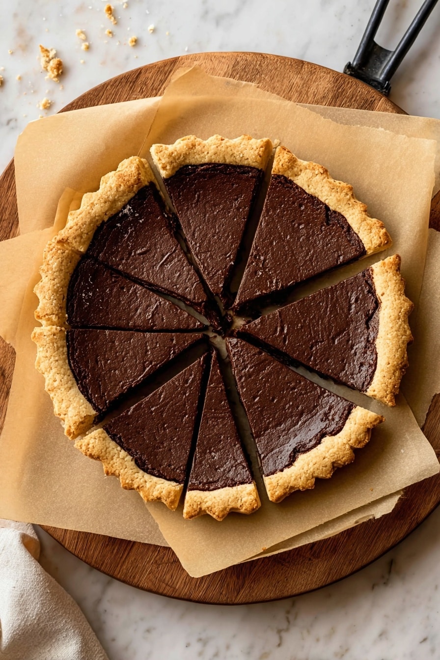 A slice of pie with three layers sits in the middle of a white scalloped plate on a white marbled surface. The bottom layer is a dark, glossy chocolate filling, smooth and rich, covering most of the slice. Above it, there is a thick, shiny caramel sauce poured over and around the slice, spreading in a flower shape on the plate. The top layer is a light golden-brown crust that looks soft and slightly crumbly, showing a gentle curve at the edge. Photo taken with an iphone --ar 2:3 --v 7 - Maple Brownie Pie with Chocolate and Espresso, chocolate espresso pie, indulgent brownie pie, coffee-infused dessert, easy decadent pie