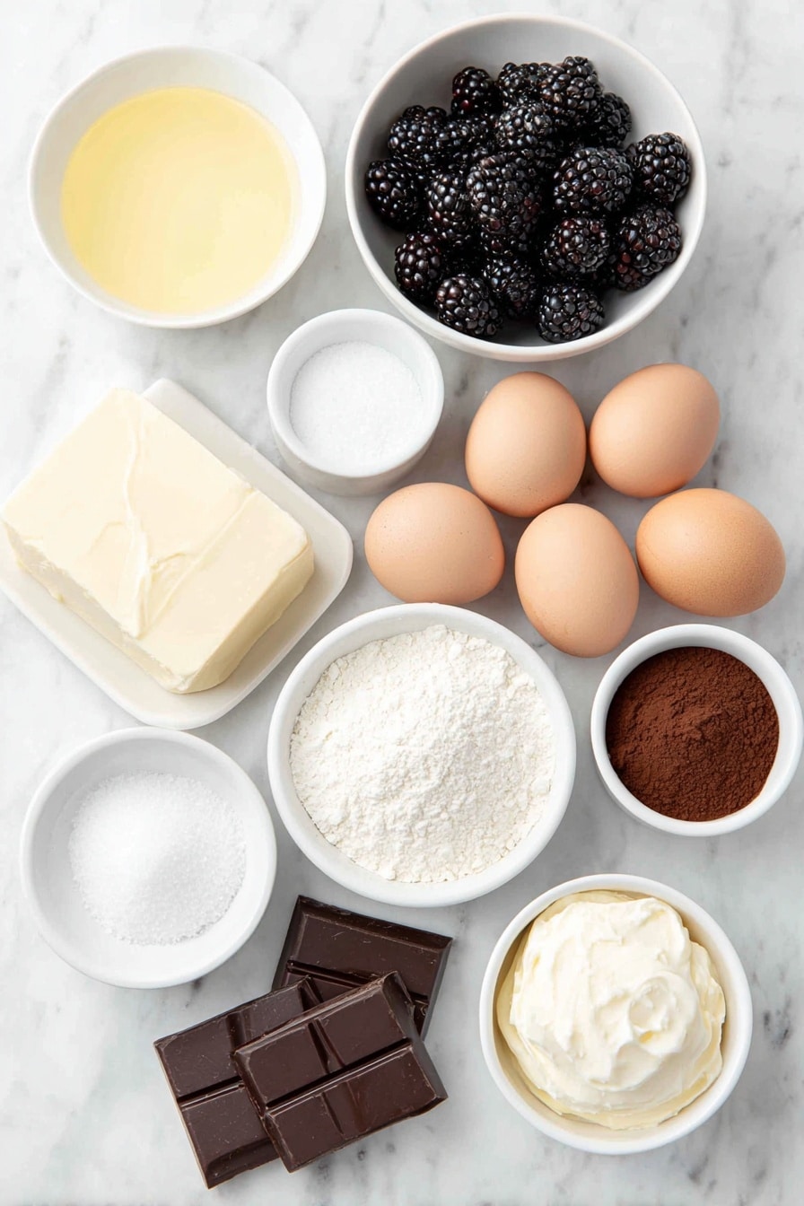 Flat lay of fresh blackberries spilling naturally beside a small white ceramic bowl of granulated sugar, a small white bowl of lemon juice, and a small white bowl of water, next to a few cubes of pale unsalted butter arranged neatly, a few shards of dark chocolate with a rich glossy sheen, three whole uncracked brown eggs with smooth clean shells, a small white bowl of fine espresso powder, a small white bowl of dutch-process cocoa powder with a deep brown matte finish, a small mound of light all-purpose flour, a block of creamy white cream cheese, a small white bowl of granulated sugar for the cheesecake layer, a small white bowl of sour cream with a thick velvety texture, a single whole uncracked egg, and a small white bowl of fine salt crystals, all ingredients symmetrically spaced and balanced on a clean white marble surface, soft natural light, photo taken with an iPhone, professional food photography style, fresh ingredients, white ceramic bowls, no bottles, no duplicates, no utensils, no packaging --ar 2:3 --v 7 --p m7354615311229779997 - Blackberry Swirl Cheesecake Brownies, chocolate cheesecake brownies with blackberry, berry swirl brownie dessert, fudgy blackberry cheesecake bars, easy blackberry brownie recipe
