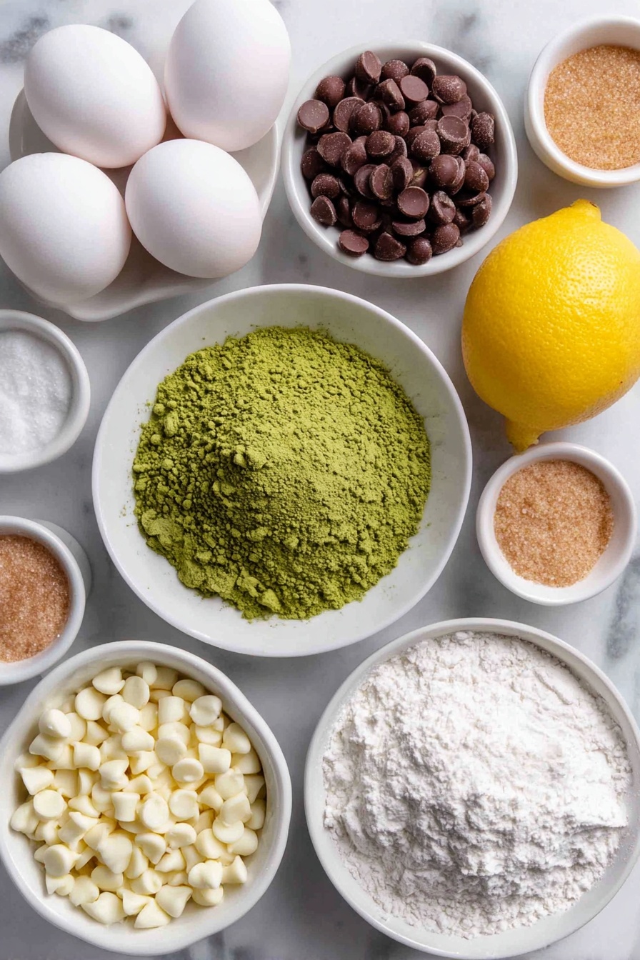 Flat lay of a small mound of fresh matcha powder, a small white ceramic bowl of golden brown butter with toasted bits, two large whole eggs with clean shells, a small white ceramic bowl of light brown sugar, a small white ceramic bowl of granulated sugar, a whole bright yellow lemon with fresh zest scattered nearby, a small white ceramic bowl of white chocolate chips, a small white ceramic bowl of vanilla extract, a neat pile of all purpose flour, a small heap of baking soda powder, and a pinch of coarse salt, all arranged symmetrically on a clean white marble surface, soft natural light, photo taken with an iPhone, professional food photography style, fresh ingredients, white ceramic bowls, no bottles, no duplicates, no utensils, no packaging --ar 2:3 --v 7 --p m7354615311229779997 - Matcha Cookies with White Chocolate, matcha white chocolate cookies, green tea cookies, easy matcha cookie recipe, healthy white chocolate cookies