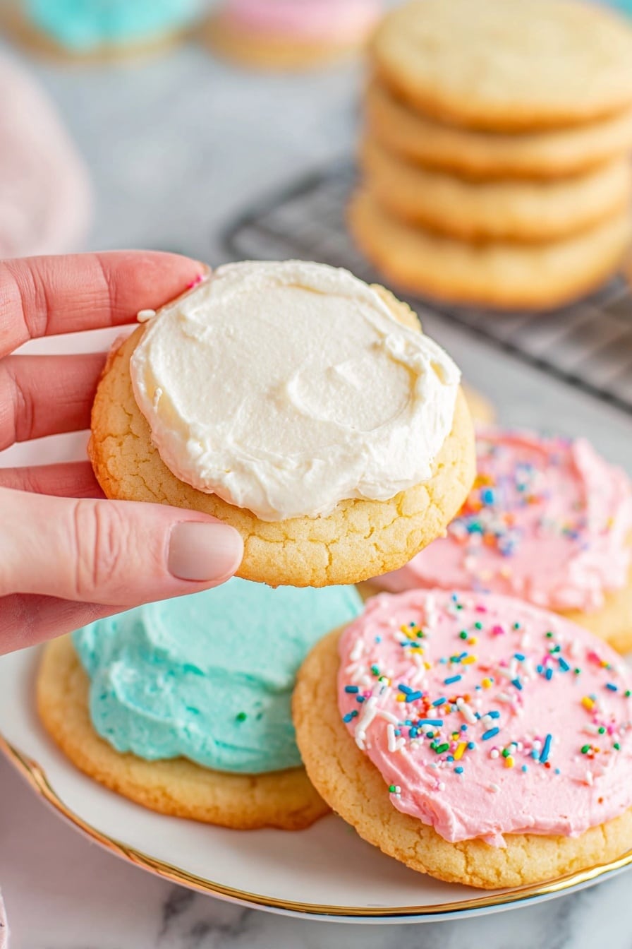 A close-up image shows a woman's hand holding a soft cookie with a thick, smooth layer of white frosting on top. The cookie is light golden and slightly thick. Below the held cookie, there are three more cookies on a white plate with a gold rim; one has bright pink frosting with small colorful round sprinkles, another has light blue frosting with similar sprinkles, and the last one is barely visible but has pink frosting with sprinkles. In the background, there is a stack of plain golden cookies and a blue frosted cookie on a wire cooling rack, all placed on a white marbled surface. Photo taken with an iphone --ar 2:3 --v 7 - Sour Cream Cookies with Buttercream Icing, sour cream cookie recipe, soft tender cookies, buttery frosting cookies, easy holiday cookies