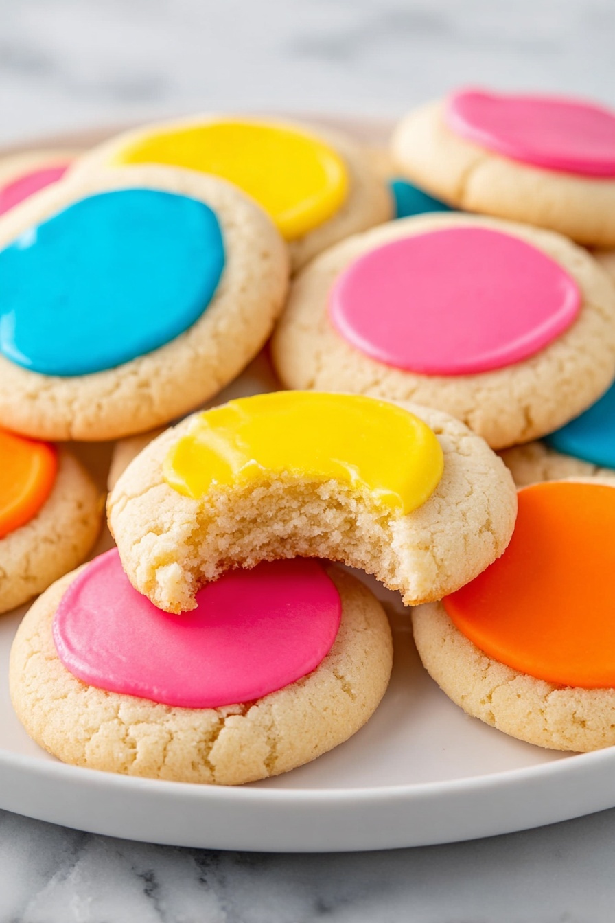 A white plate full of round sugar cookies, each with a smooth, colorful icing circle in the center. The icing colors include bright blue, yellow, orange, and pink, all shiny and evenly spread. Around the plate, more cookies with similar colorful icing are scattered on a white marbled surface. Two glass milk bottles with creamy white milk and striped straws in yellow, blue, and orange stand nearby. Colorful striped paper straws lie next to the plate on the white marbled surface, adding to the bright, cheerful scene. photo taken with an iphone --ar 2:3 --v 7 - Thumbprint Cookies with Icing, thumbprint cookie recipe, colorful cookies, easy holiday cookies, beginner cookie recipes