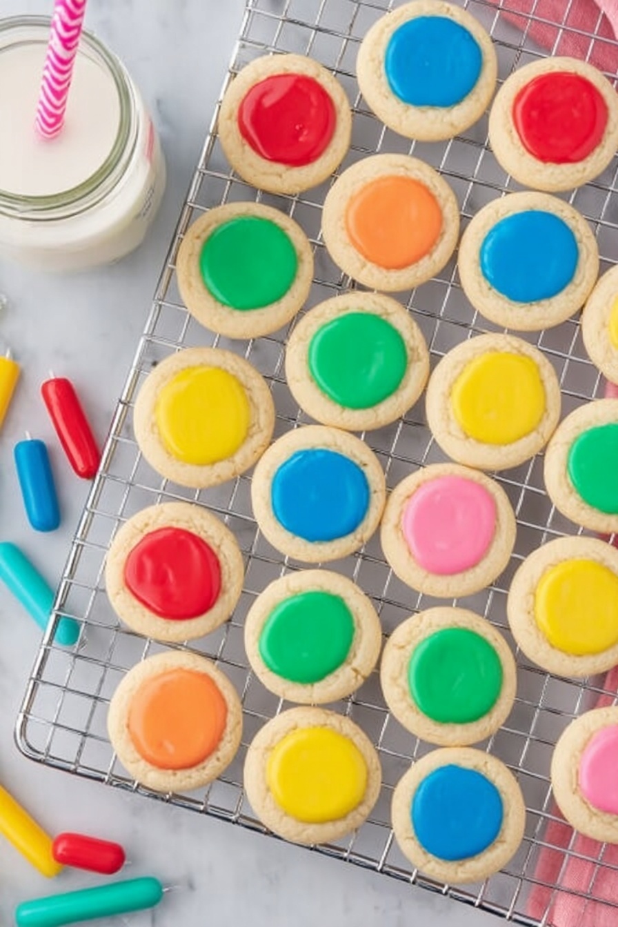 A pile of round sugar cookies with smooth, thick icing in bright colors sits on a white plate. There are eight cookies visible, each topped with one large circle of icing in pink, blue, yellow, and orange, placed in the center of the light golden-brown cookies. One cookie with pink icing has a large bite taken from the side, showing its soft inside. The cookies have a slightly rough texture with small cracks around the edges. The plate rests on a white marbled surface. Photo taken with an iphone --ar 2:3 --v 7 - Thumbprint Cookies with Icing, thumbprint cookie recipe, colorful cookies, easy holiday cookies, beginner cookie recipes