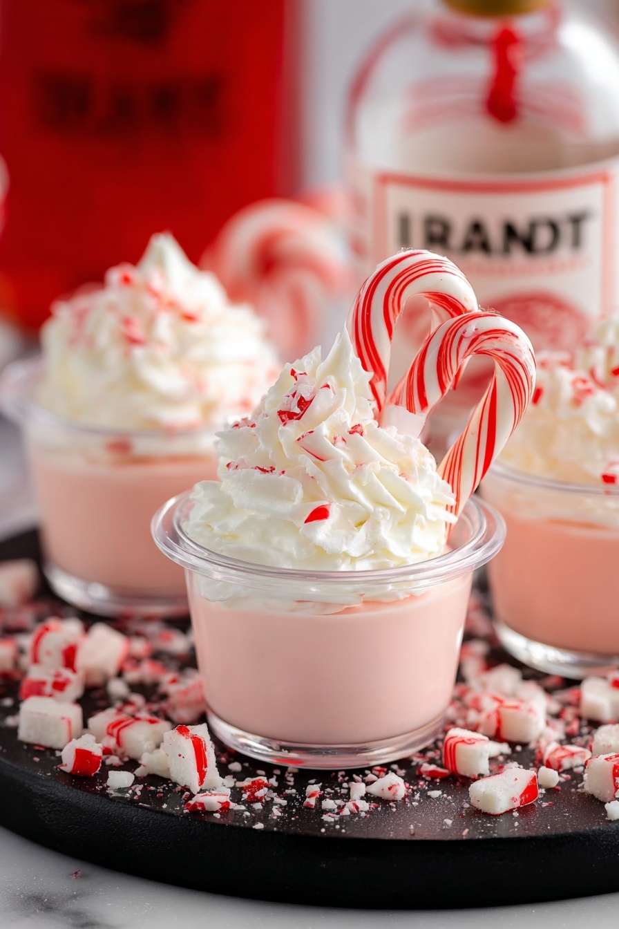 This image shows ten small clear plastic cups filled with a pink creamy dessert, arranged evenly on a white tray with a dark rim. Each cup is topped with a tall swirl of white whipped cream that has a soft, fluffy texture. On top of the whipped cream, there are small, crushed red and white candy cane pieces scattered, adding a festive touch. One cup near the front center has a whole red and white striped candy cane standing upright in the whipped cream. The background features a white marbled surface with a few red and white candy canes and festive decorations slightly blurred. Photo taken with an iphone --ar 2:3 --v 7 - Candy Cane Peppermint Jello Shots, festive holiday jello shots, mint flavored holiday drinks, quick holiday party shots, peppermint schnapps recipes