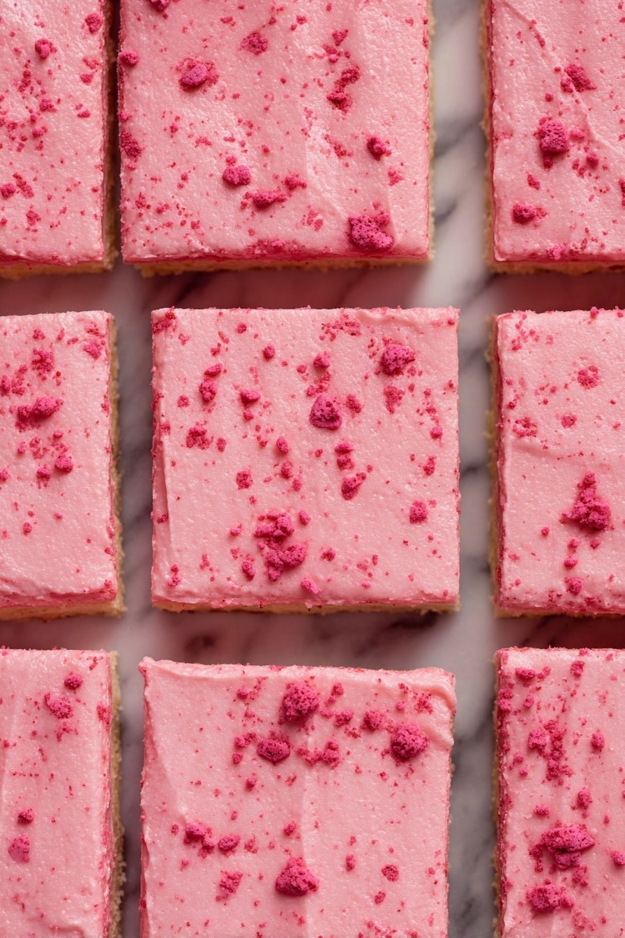 The image shows a grid of nine square pieces of dessert with two visible layers. The bottom layer is a light brown, firm base with a slightly rough texture. The top layer is a smooth, thick pink frosting covering the entire surface of each square, scattered with small, darker pink crumbs that add a speckled effect. The pieces are neatly aligned with visible straight edges, placed on a white marbled surface. photo taken with an iphone --ar 2:3 --v 7 - Strawberry White Chocolate Brownies, strawberry white chocolate dessert, fruity brownie recipe, easy strawberry brownies, summer berry brownies
