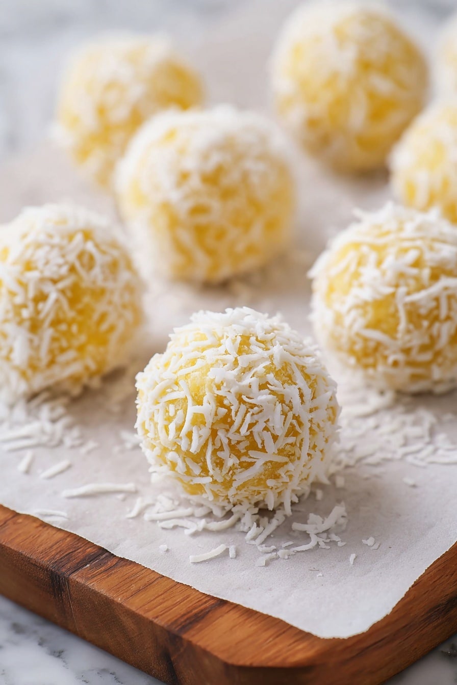 The image shows a white bowl filled with round yellow balls coated in white shredded coconut. One ball is broken in half, showing a soft, crumbly inside with a light yellow color. Around the bowl, there are more coconut-covered balls placed on a white marbled surface. In the background, a wooden tray holds several more of the same balls, which are also covered in white shredded coconut. A black and white striped cloth is partially visible near the bowl. The scene is bright and clean, with a focus on the texture of the shredded coconut and the soft interior of the yellow balls. photo taken with an iphone --ar 2:3 --v 7 - Pineapple Coconut Balls, tropical dessert bites, no-bake coconut treats, easy fruit truffles, summer snack ideas