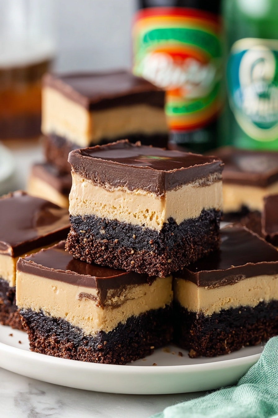The image shows a square dessert cut into 16 even pieces on white marble with brown parchment paper under it. The dessert has three clear layers: a smooth light brown bottom layer, a thicker middle layer of creamy beige, and a dark shiny chocolate layer on top that looks slightly glossy and covers the entire surface. Around the dessert, there are St. Patrick’s Day decorations like fake gold coins and green, white, and gold felt balls. On the upper left side, there is a small brown bowl filled with cocoa powder with a golden spoon resting inside; below it, scattered mini chocolate chips sit on a bright green cloth. To the right, a dark green bottle with gold lettering is partially visible. Also near the bottom is a glass containing a creamy light brown drink. The tabletop is a dark wood texture but the main plate is white marble photo taken with an iphone --ar 2:3 --v 7 - Irish Cream Brownie Delights, Irish Cream Brownie Recipe, decadent Irish cream brownies, boozy chocolate brownies, fudgy Irish cream dessert