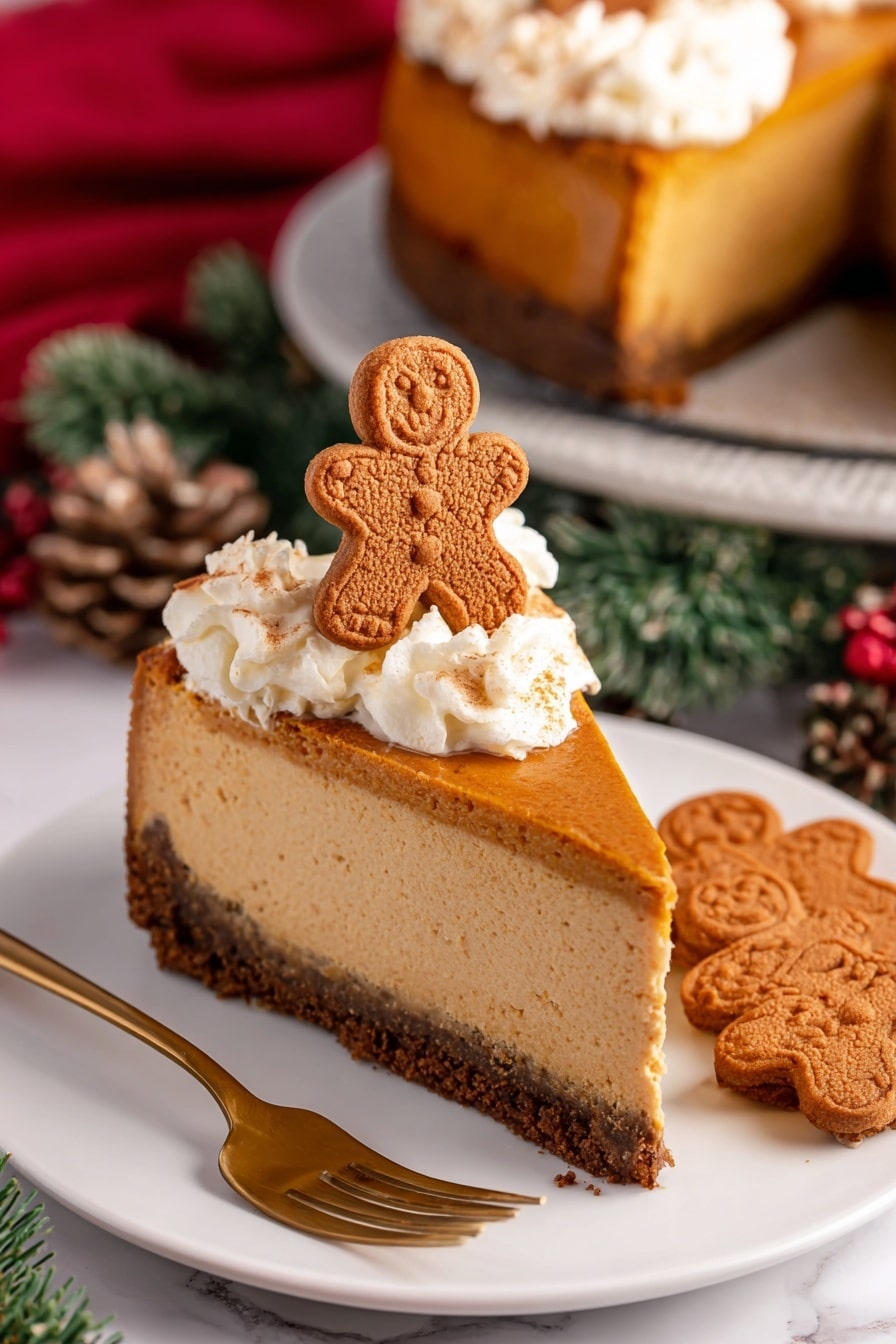 A slice of creamy pumpkin cheesecake is shown on a white plate with a white marbled texture beneath. The cheesecake has three visible layers: a thick dark brown crust at the bottom, a dense light brown pumpkin cheesecake layer in the middle with a smooth texture, and a smooth, slightly darker orange pumpkin top layer. The top edge of the cake is decorated with evenly spaced swirls of light cream-colored whipped topping, sprinkled with small brown crumbs. The background shows blurred green foliage and red berries, giving a festive feel. Photo taken with an iphone --ar 2:3 --v 7 - Gingerbread Cheesecake, Holiday Cheesecake Recipe, Spiced Cheesecake, Festive Cheesecake, Easy Gingerbread Dessert