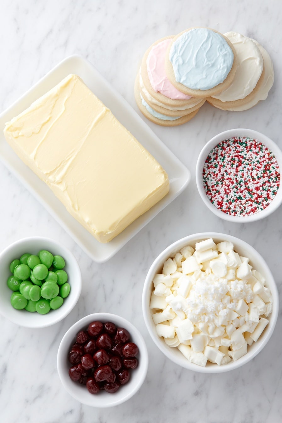 Flat lay of a block of smooth, soft cream cheese, a stack of colorful frosted sugar cookies with pastel pink, blue, and white icing, a small white bowl filled with glossy white chocolate melting wafers, a small white bowl overflowing with multicolored nonpareil sprinkles, and two small white bowls each holding bright red and vibrant green candy melts, all arranged in perfect symmetry on a clean white marble surface, soft natural light, photo taken with an iPhone, professional food photography style, fresh ingredients, white ceramic bowls, no bottles, no duplicates, no utensils, no packaging --ar 2:3 --v 7 --p m7354615311229779997 - Christmas Sugar Cookie Balls, festive holiday treats, easy Christmas desserts, no-bake holiday candies, holiday party snacks