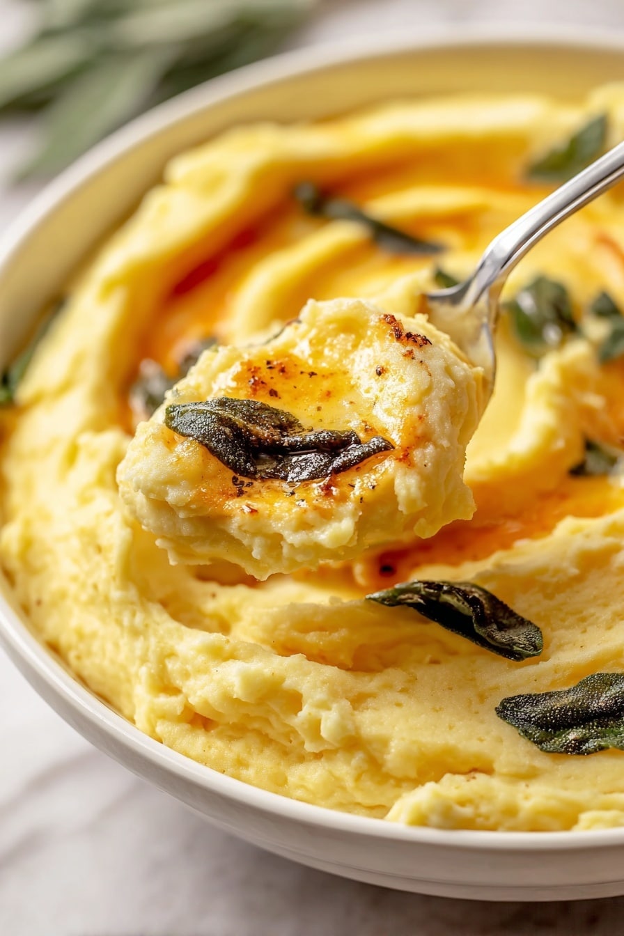 A close-up view of creamy yellow mashed potatoes in a white bowl set on a white marbled surface, showing smooth, soft texture mixed with small lumps. The dish has a swirl pattern on top with a splash of orange-brown butter or oil and dark fried sage leaves scattered on the surface. A spoon lifts a soft scoop of mashed potatoes with a golden, slightly browned top, highlighting its creamy and rich texture. photo taken with an iphone --ar 2:3 --v 7 - Brown Butter Boursin Mashed Potatoes, gourmet mashed potatoes, herb-infused mashed potatoes, creamy mashed potato recipe, holiday side dish ideas