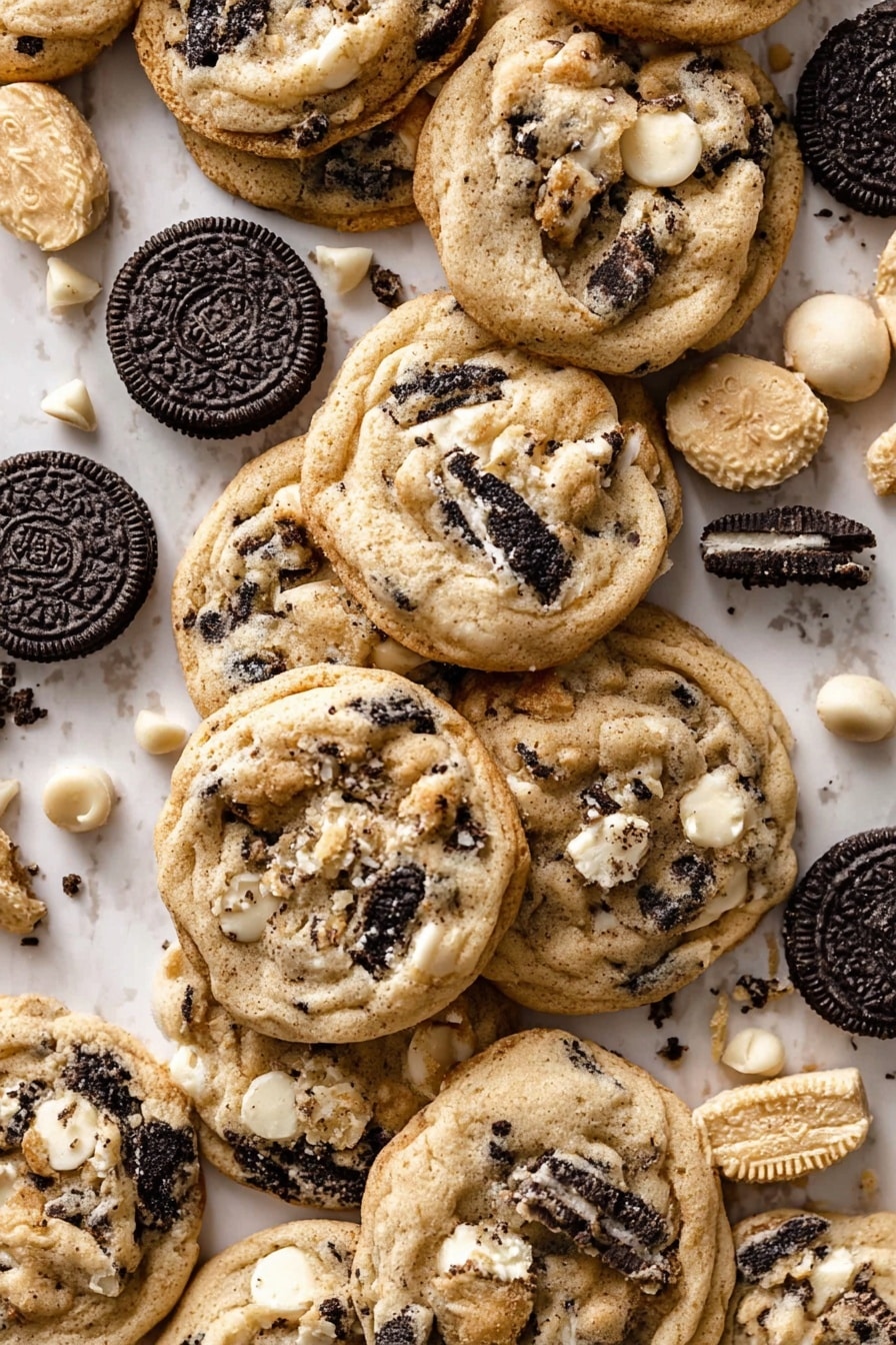 The image shows a stack of three cookies with a light brown color and textured surface filled with dark chocolate chunks and white chocolate chips. The top cookie has a bite, revealing a soft interior with dark cookie bits inside. Around the stack, there are more cookies lying flat, scattered white chocolate chips, and broken pieces of dark cookies with white cream filling. There are two clear glasses filled with milk placed on a white marbled surface, one in the left foreground and one blurred in the background. The lighting is warm, highlighting the soft texture and color contrast in the cookies. Photo taken with an iphone --ar 2:3 --v 7 - Oreo Chocolate Chip Cookies, Oreo Cookie Cookies, Chocolate Chip Cookies with Oreos, Easy Oreo Cookies, Chewy Oreo Cookies