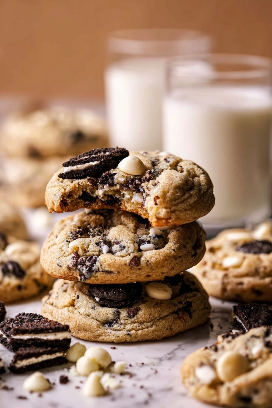 There are six round cookies on a baking tray lined with brown parchment paper. Each cookie is golden brown with a slightly cracked surface, showing visible white chocolate chips and darker chocolate chunks mixed throughout. The cookies have a soft, thick texture and are spread out evenly on the tray. The tray is placed on a surface with a white marbled texture. photo taken with an iphone --ar 2:3 --v 7 - Oreo Chocolate Chip Cookies, Oreo Cookie Cookies, Chocolate Chip Cookies with Oreos, Easy Oreo Cookies, Chewy Oreo Cookies