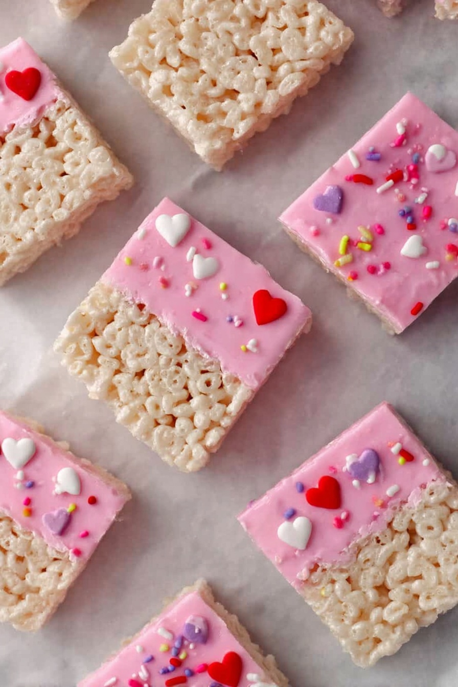 A square rice crispy treat is shown with two layers: the bottom layer is light beige and textured with visible puffed rice pieces, while the top half is coated in smooth pink icing decorated with tiny red, pink, and white heart-shaped sprinkles scattered across the icing. The treat sits on a white marbled surface with a small amount of pink icing nearby. In the background, part of a white bowl containing sprinkles and a spoon with pink icing rest slightly out of focus. photo taken with an iphone --ar 2:3 --v 7 - Chocolate-Dipped Rice Krispie Treats, Rice Krispie Treats with Chocolate, Easy Rice Krispie Dessert, Festive Rice Krispie Snacks, Homemade Chocolate Rice Krispies